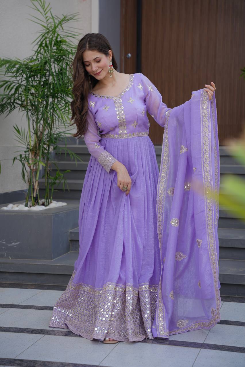 Lavender Crunchy Silk Embroidered Sequins Work Gown with Dupatta