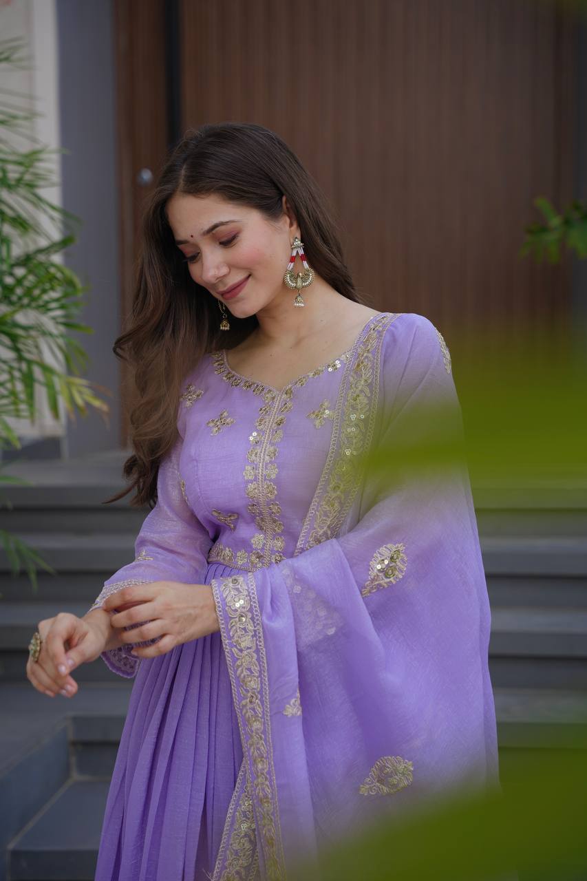 Lavender Crunchy Silk Embroidered Sequins Work Gown with Dupatta