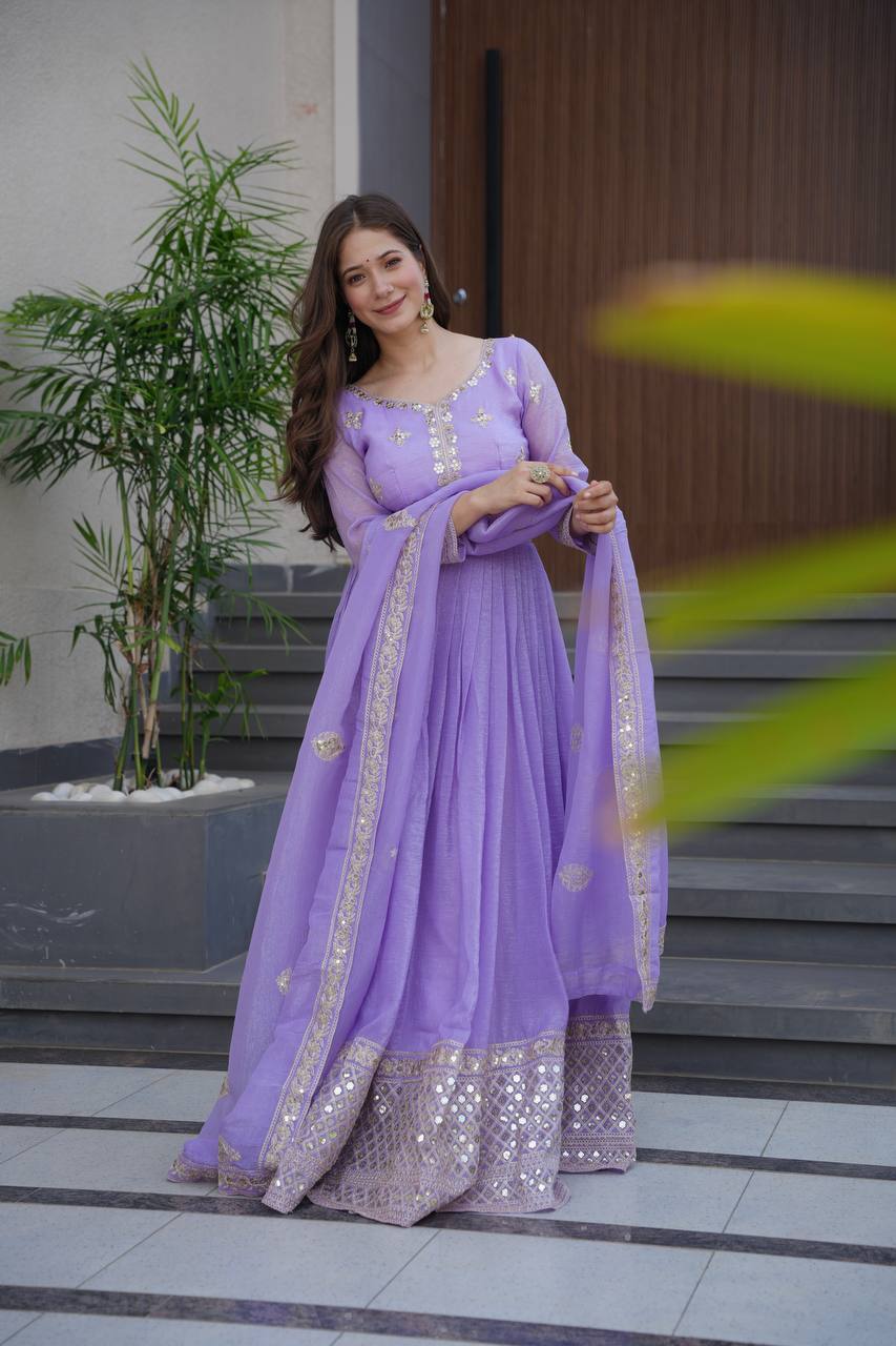 Lavender Crunchy Silk Embroidered Sequins Work Gown with Dupatta
