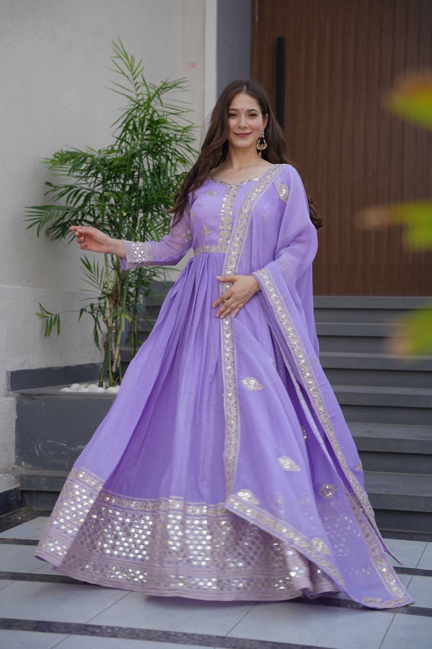 Lavender Crunchy Silk Embroidered Sequins Work Gown with Dupatta