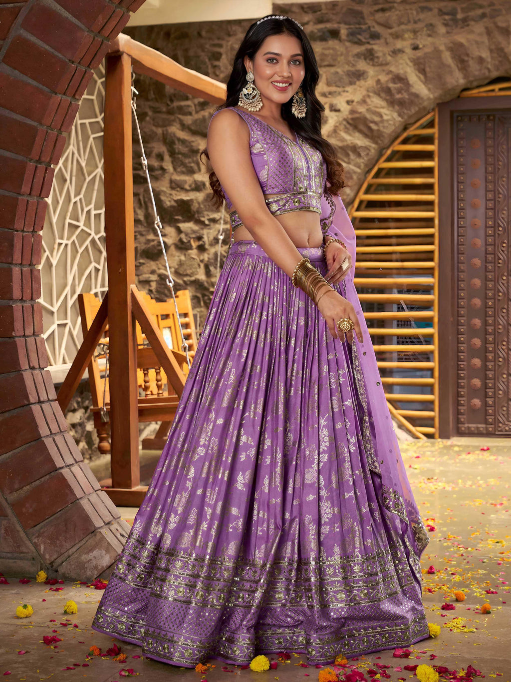 Lavender Dola silk jacquard embroidered lehenga choli with dupatta