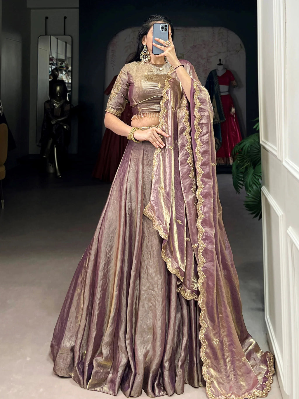 Lavender fendi embroidered lehenga choli with sequins thread work dupatta