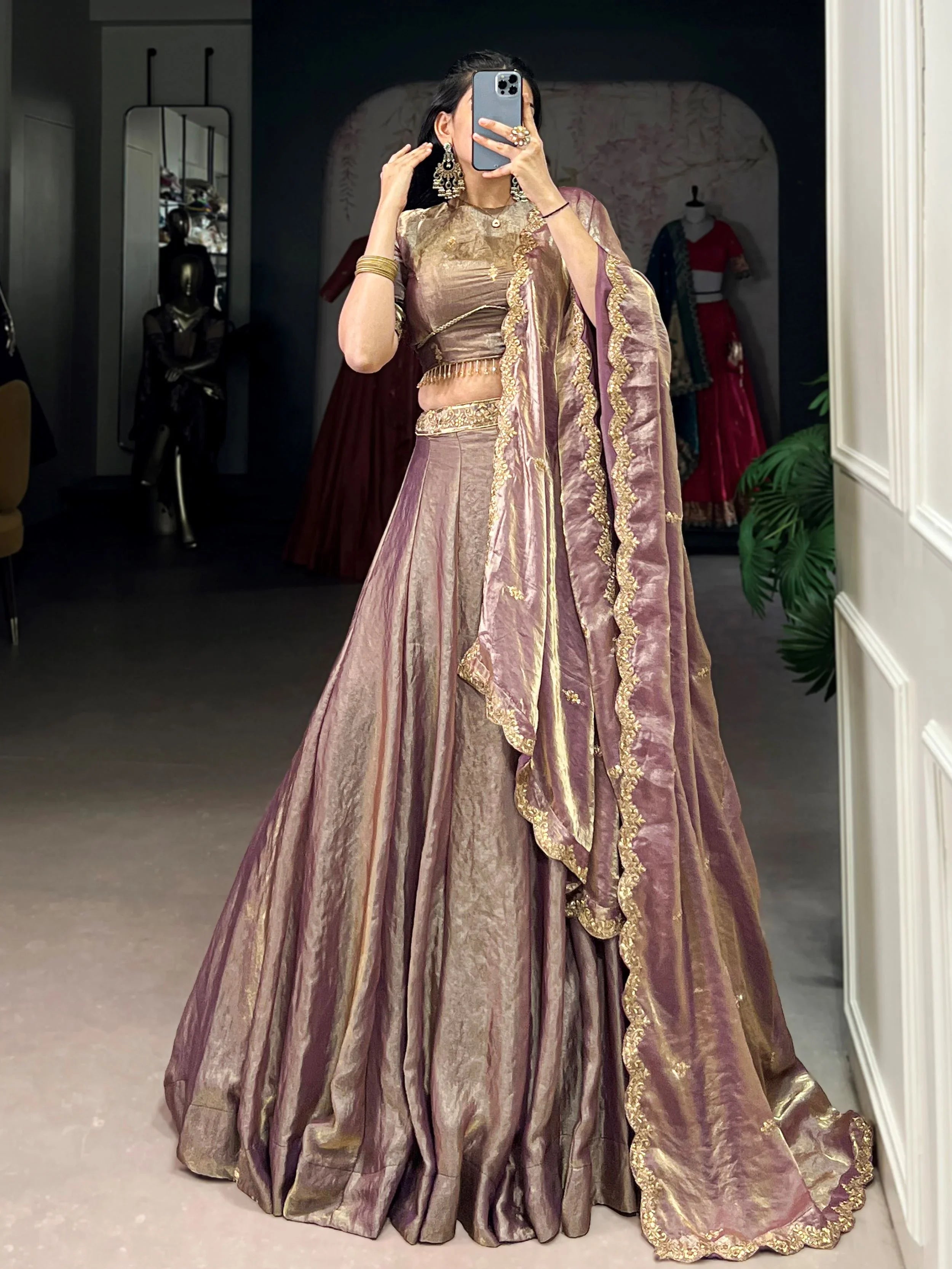 Lavender fendi embroidered lehenga choli with sequins thread work dupatta