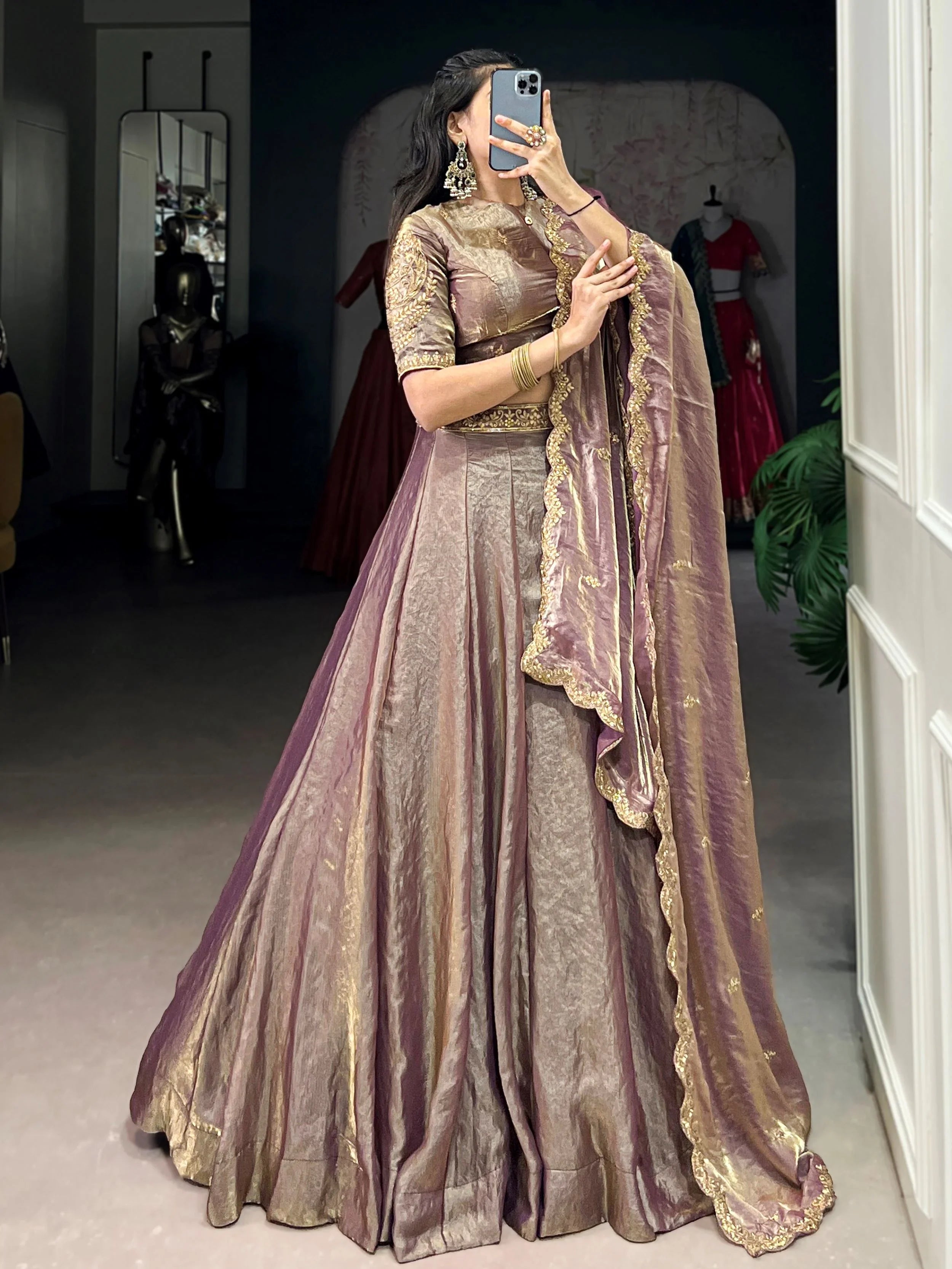 Lavender fendi embroidered lehenga choli with sequins thread work dupatta