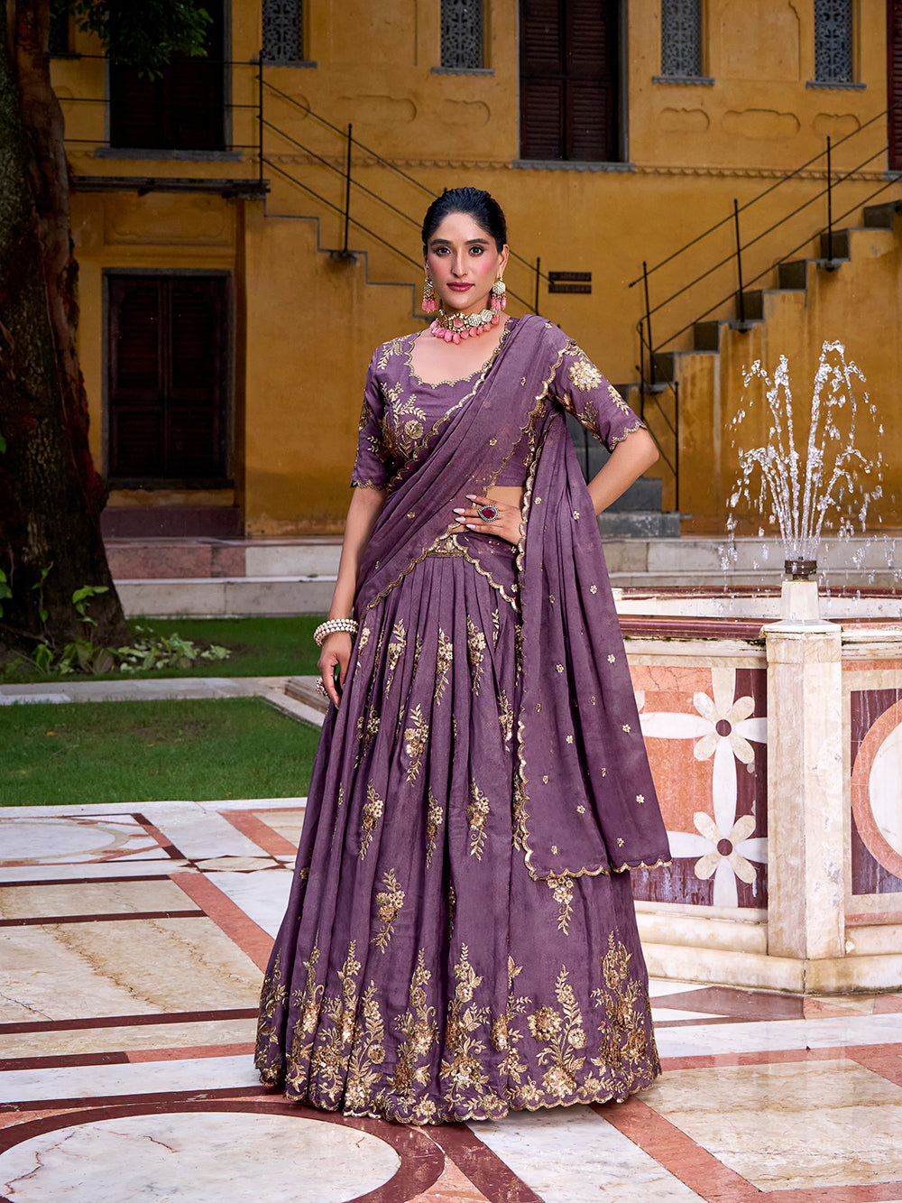 Lavender sequins thread embroidery lehenga choli with dupatta