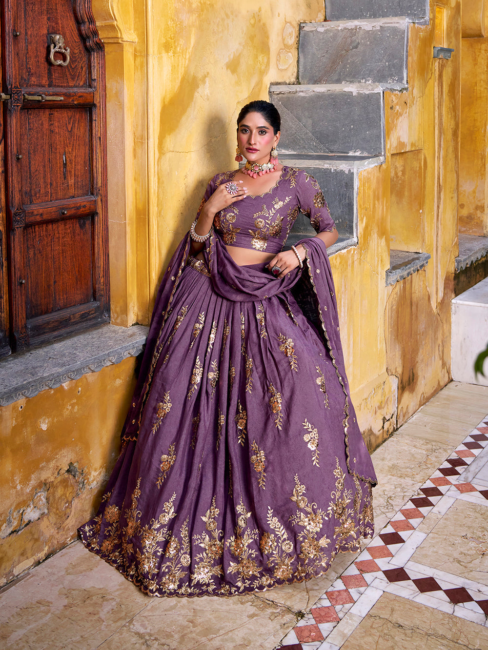 Lavender sequins thread embroidery lehenga choli with dupatta