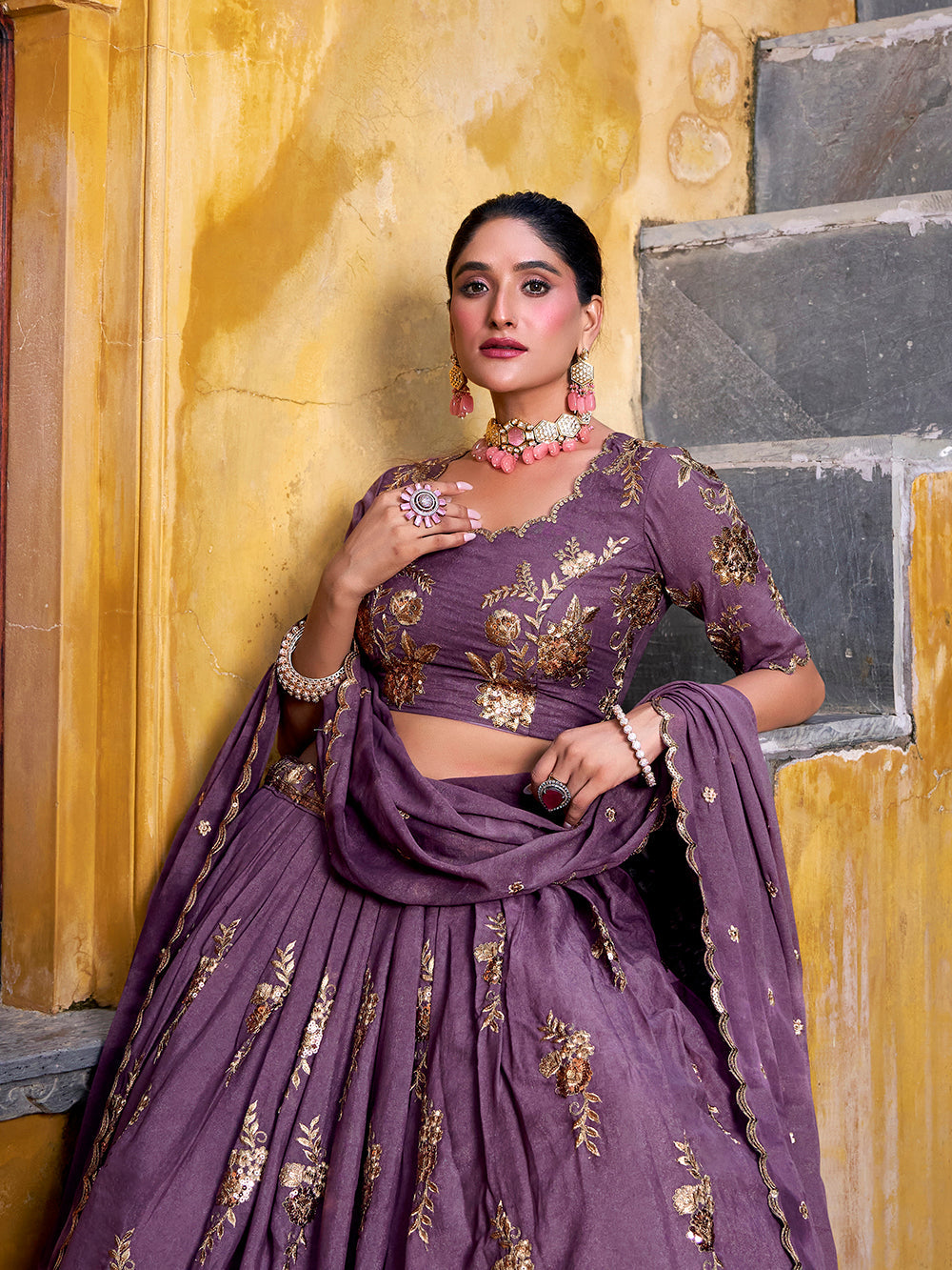Lavender sequins thread embroidery lehenga choli with dupatta