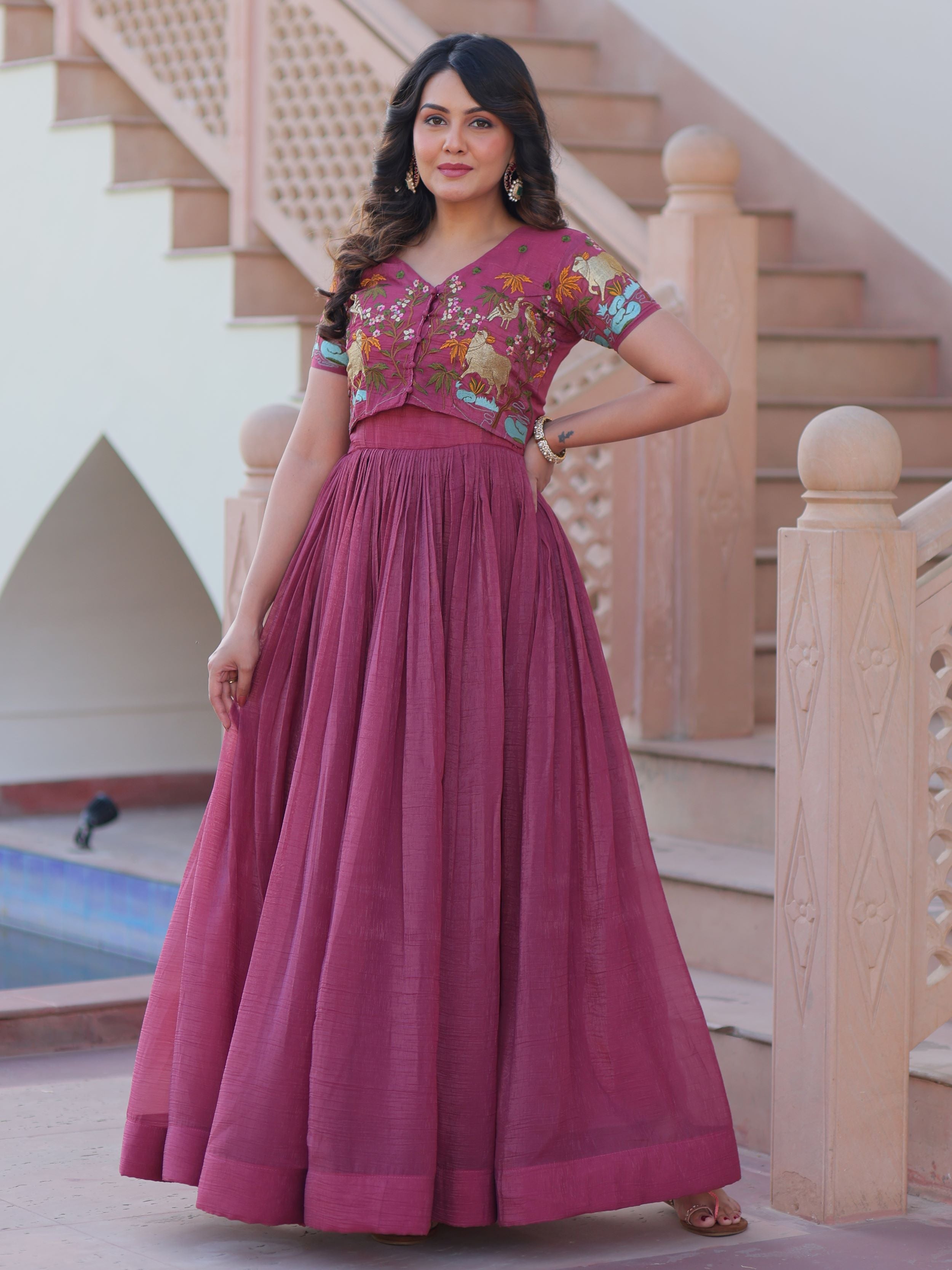 Magenta Wine Organza Embroidered Gown with Koti