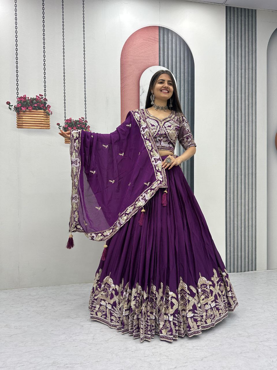 Manasa purple chinon embroidery thread sequins work lehenga choli set