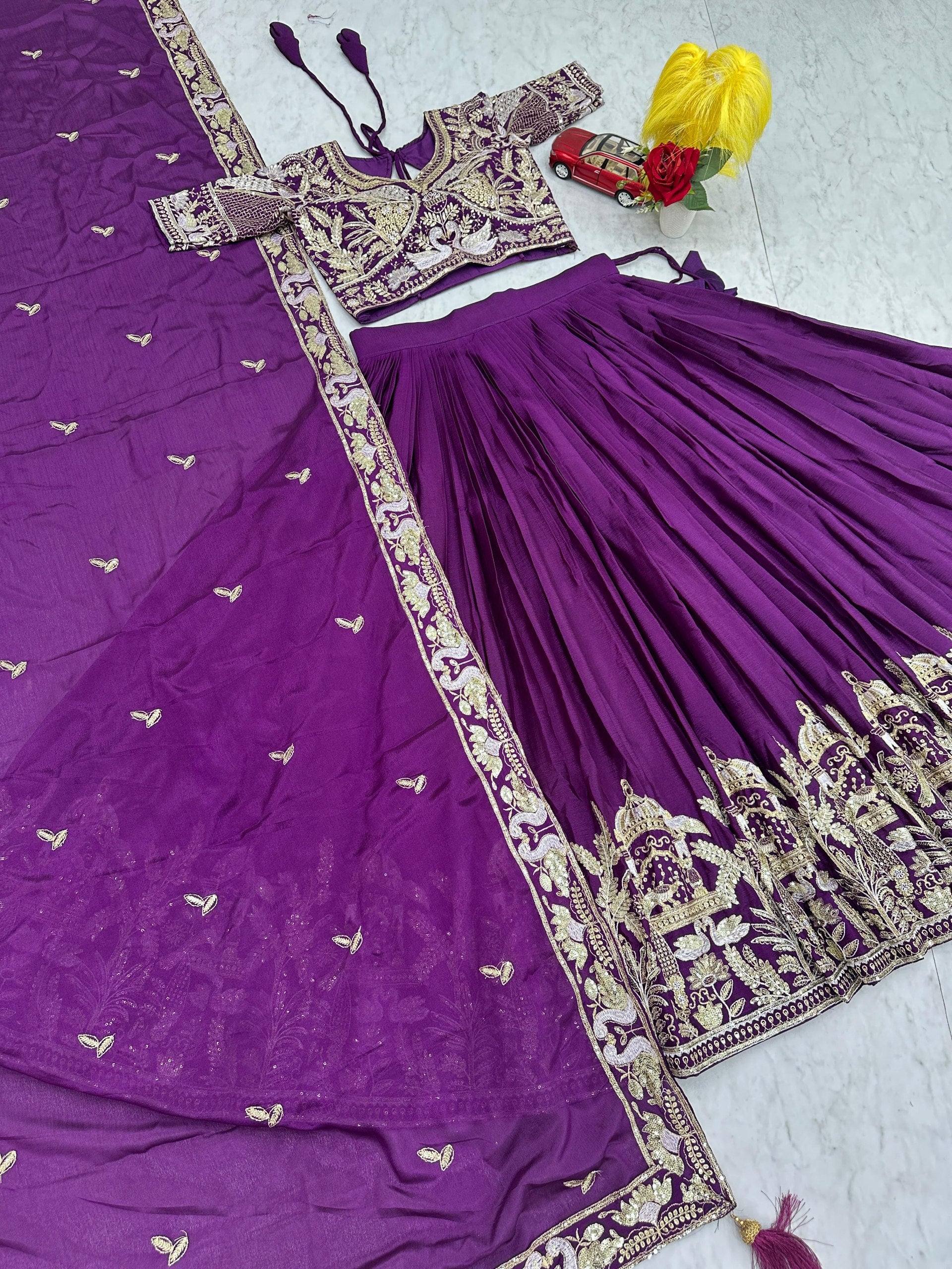 Manasa purple chinon embroidery thread sequins work lehenga choli set