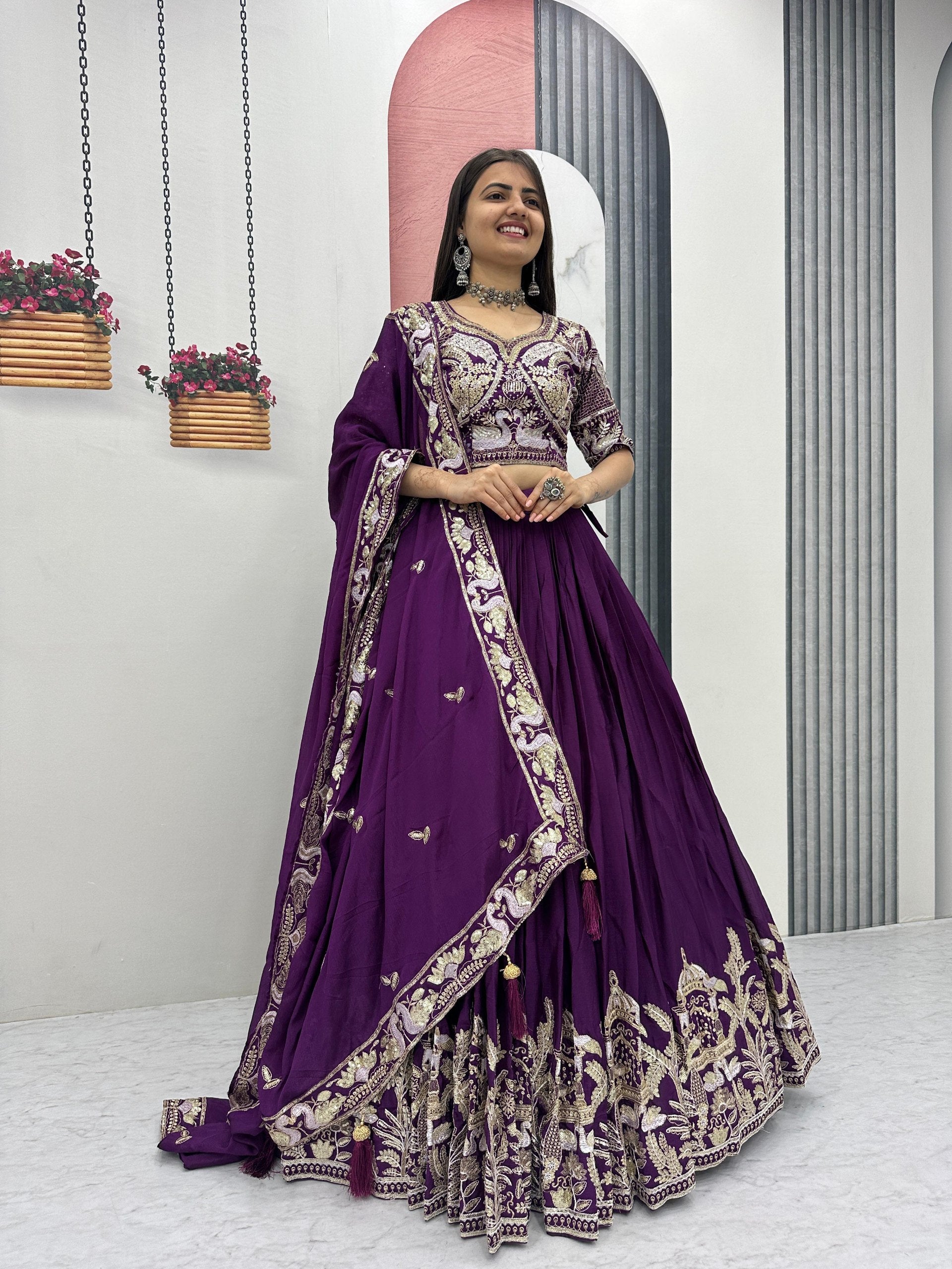 Manasa purple chinon embroidery thread sequins work lehenga choli set
