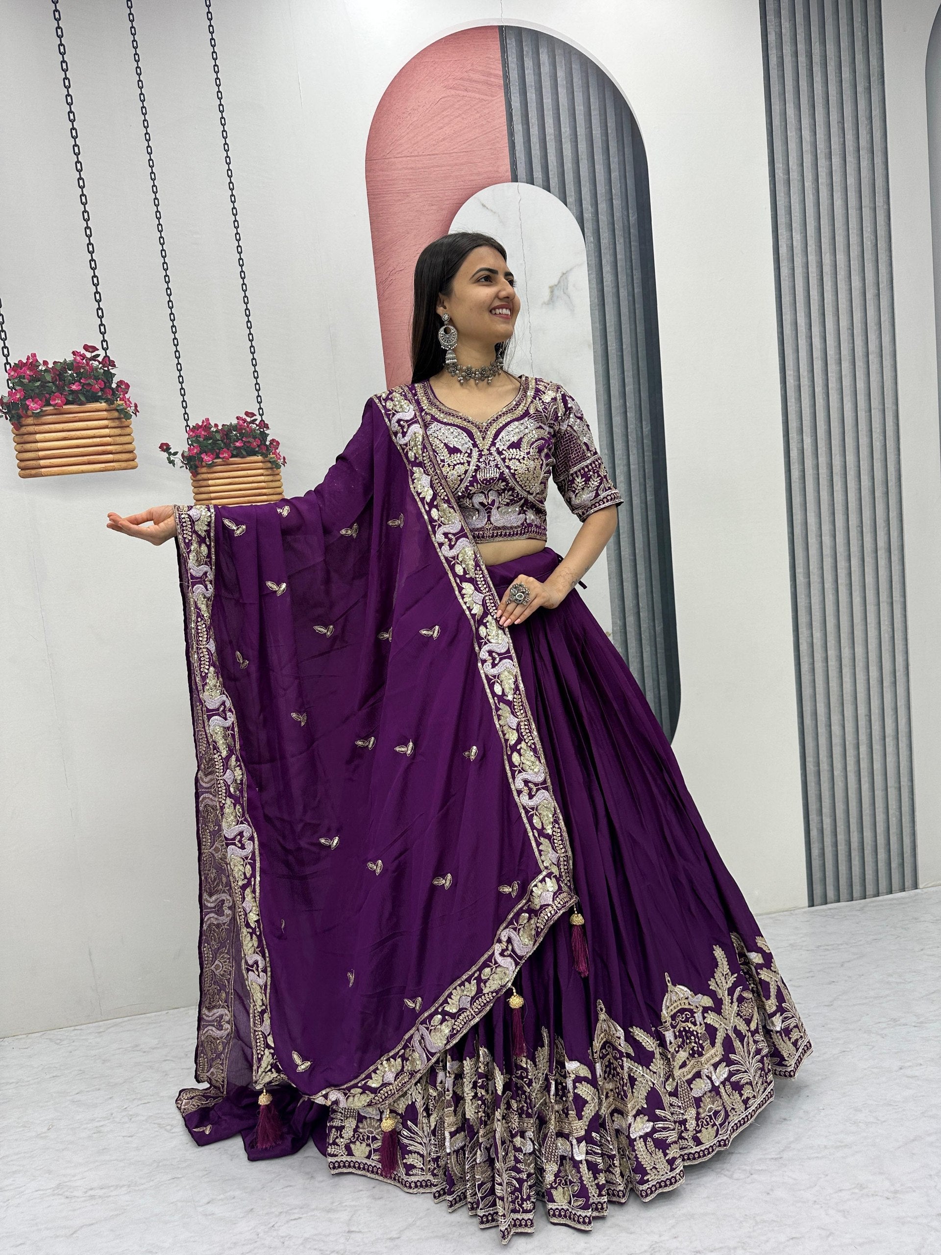 Manasa purple chinon embroidery thread sequins work lehenga choli set