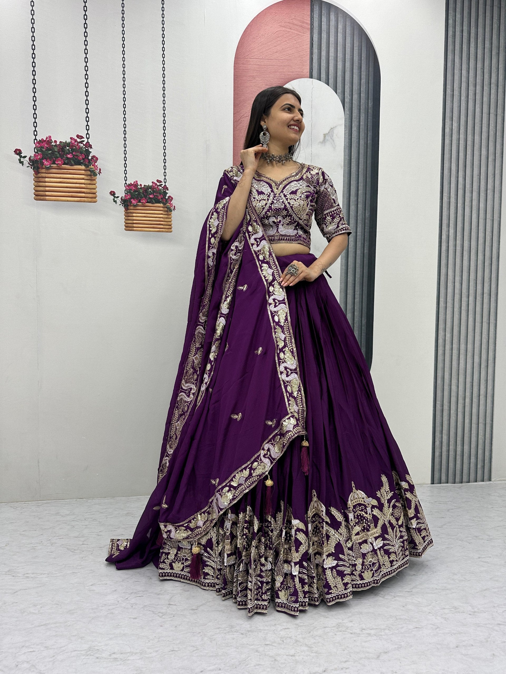 Manasa purple chinon embroidery thread sequins work lehenga choli set