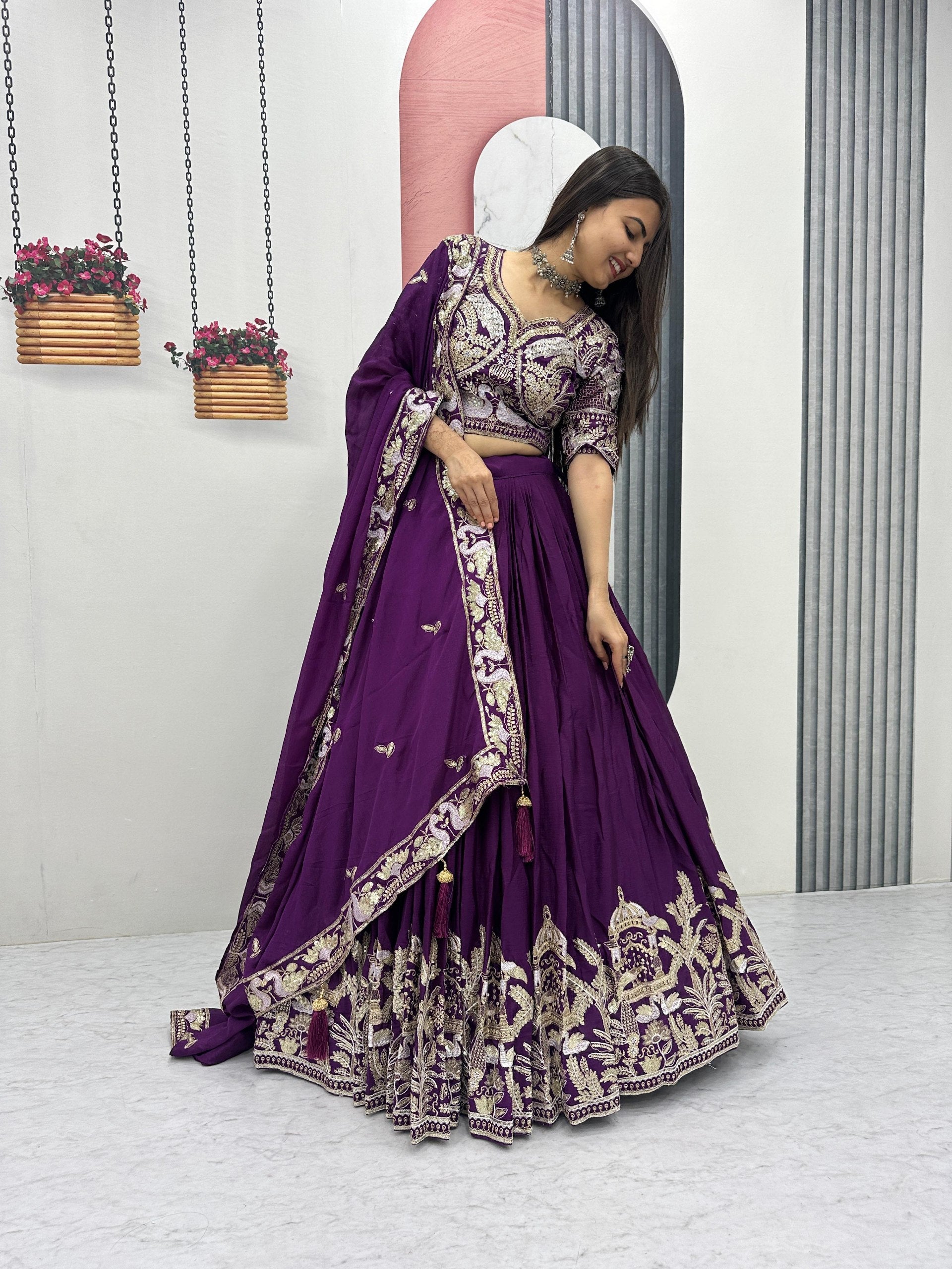 Manasa purple chinon embroidery thread sequins work lehenga choli set