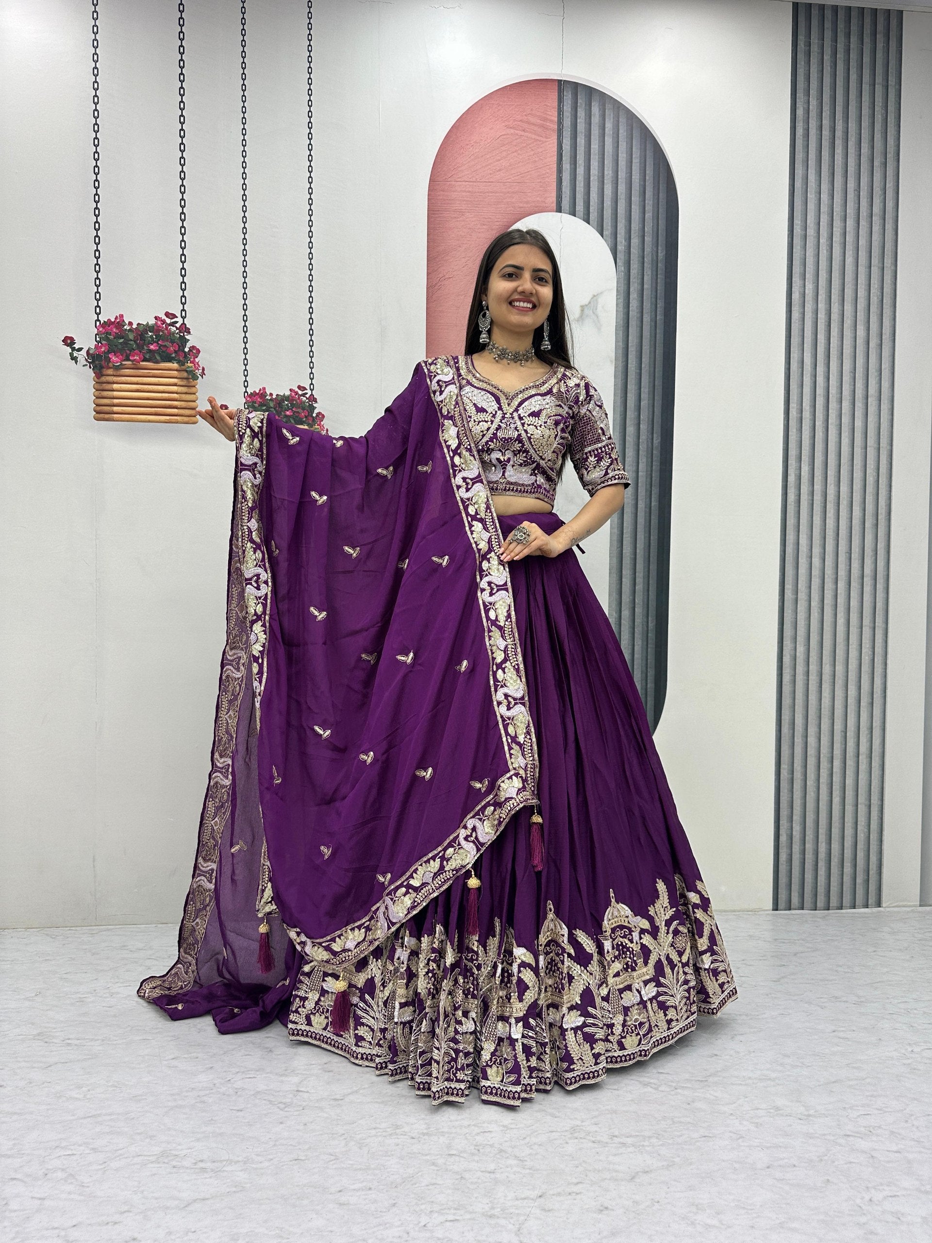 Manasa purple chinon embroidery thread sequins work lehenga choli set