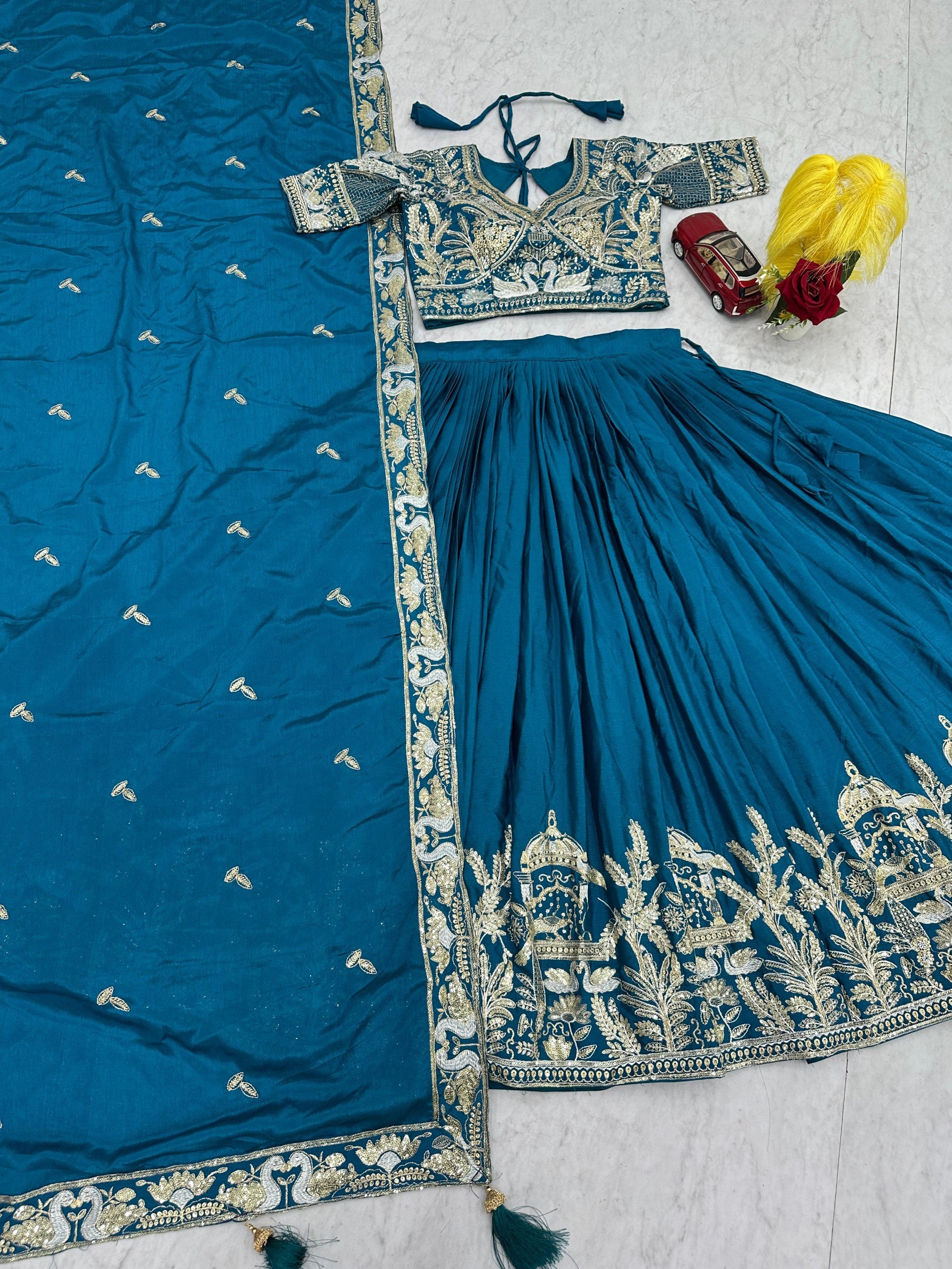 Manasa teal blue chinon embroidery thread sequins work lehenga choli set