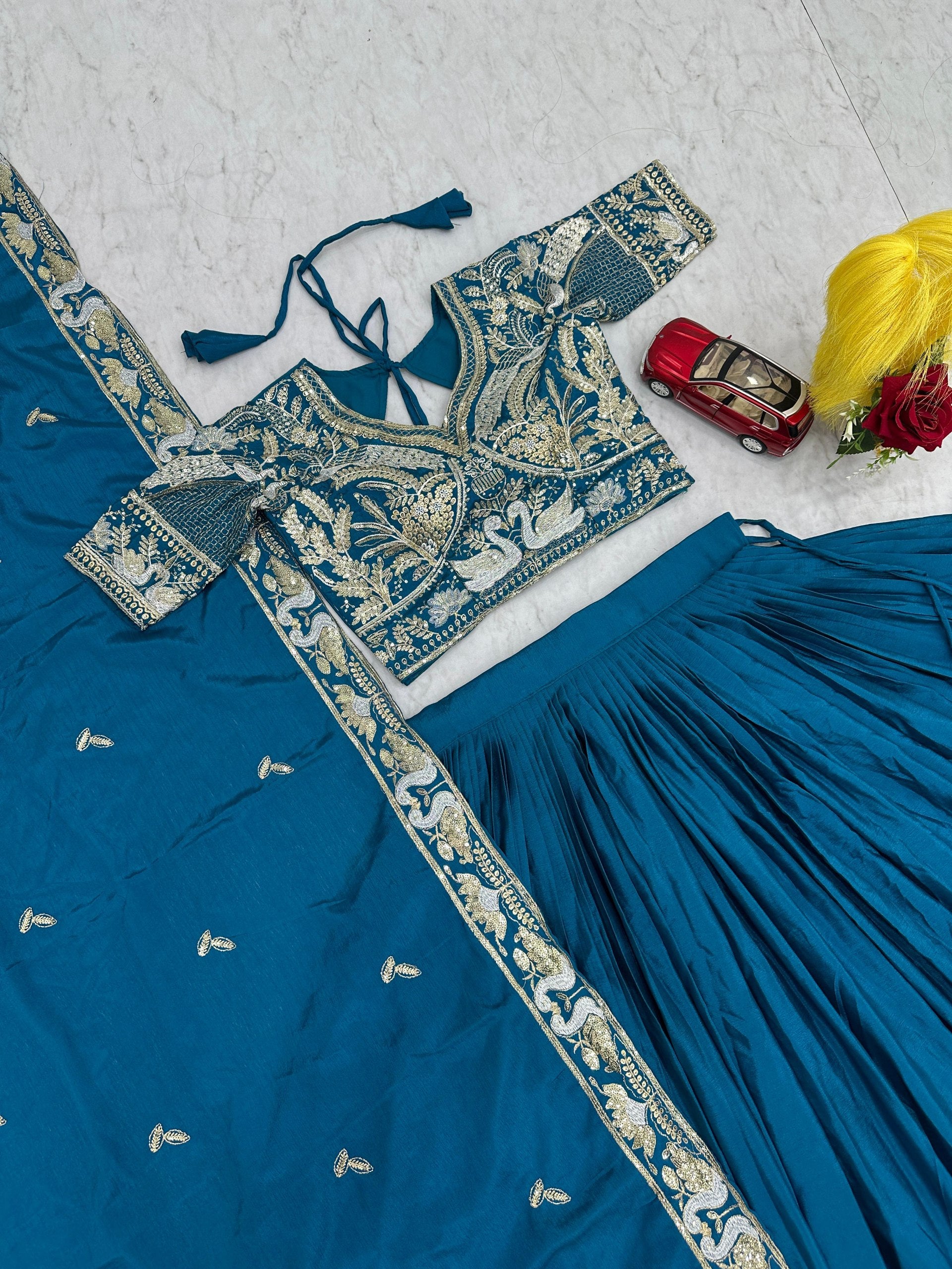 Manasa teal blue chinon embroidery thread sequins work lehenga choli set