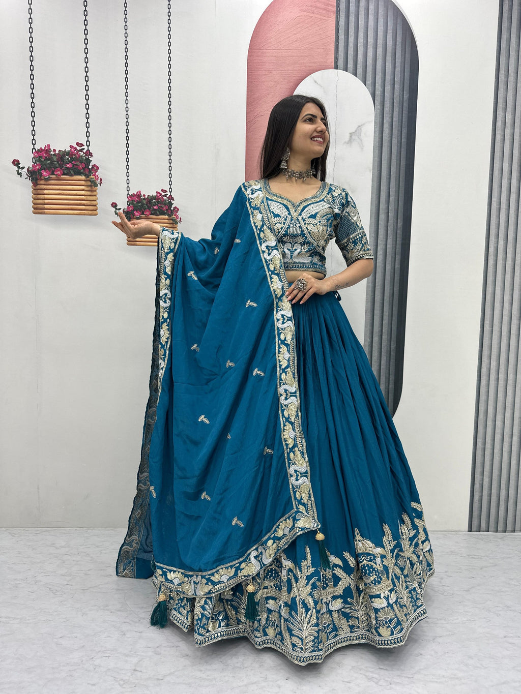 Manasa teal blue chinon embroidery thread sequins work lehenga choli set