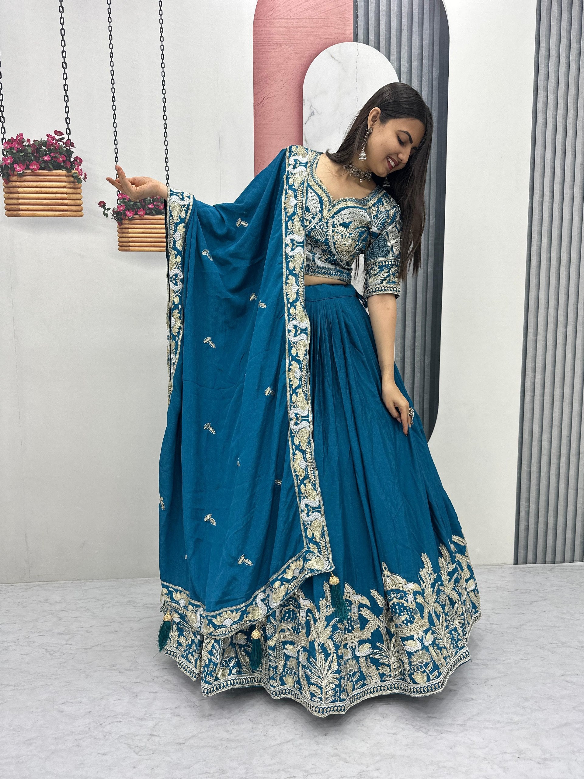 Manasa teal blue chinon embroidery thread sequins work lehenga choli set