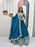 Manasa teal blue chinon embroidery thread sequins work lehenga choli set