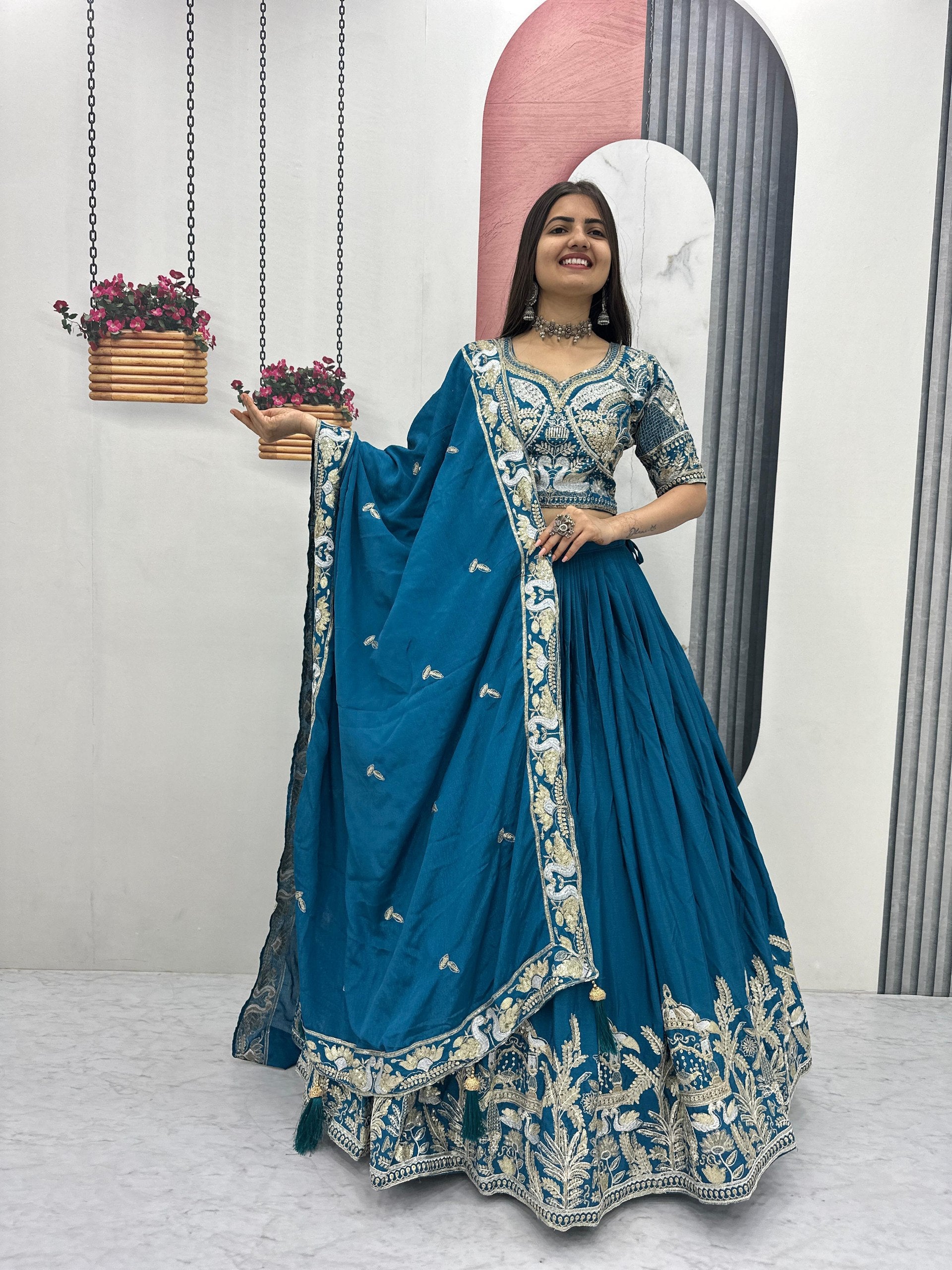 Manasa teal blue chinon embroidery thread sequins work lehenga choli set