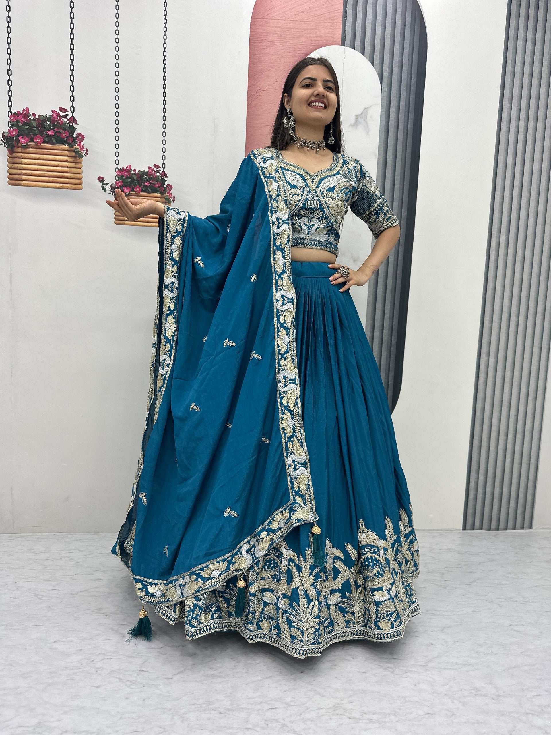 Manasa teal blue chinon embroidery thread sequins work lehenga choli set
