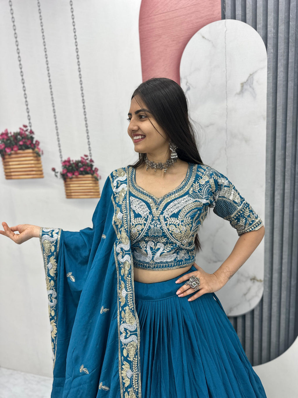 Manasa teal blue chinon embroidery thread sequins work lehenga choli set