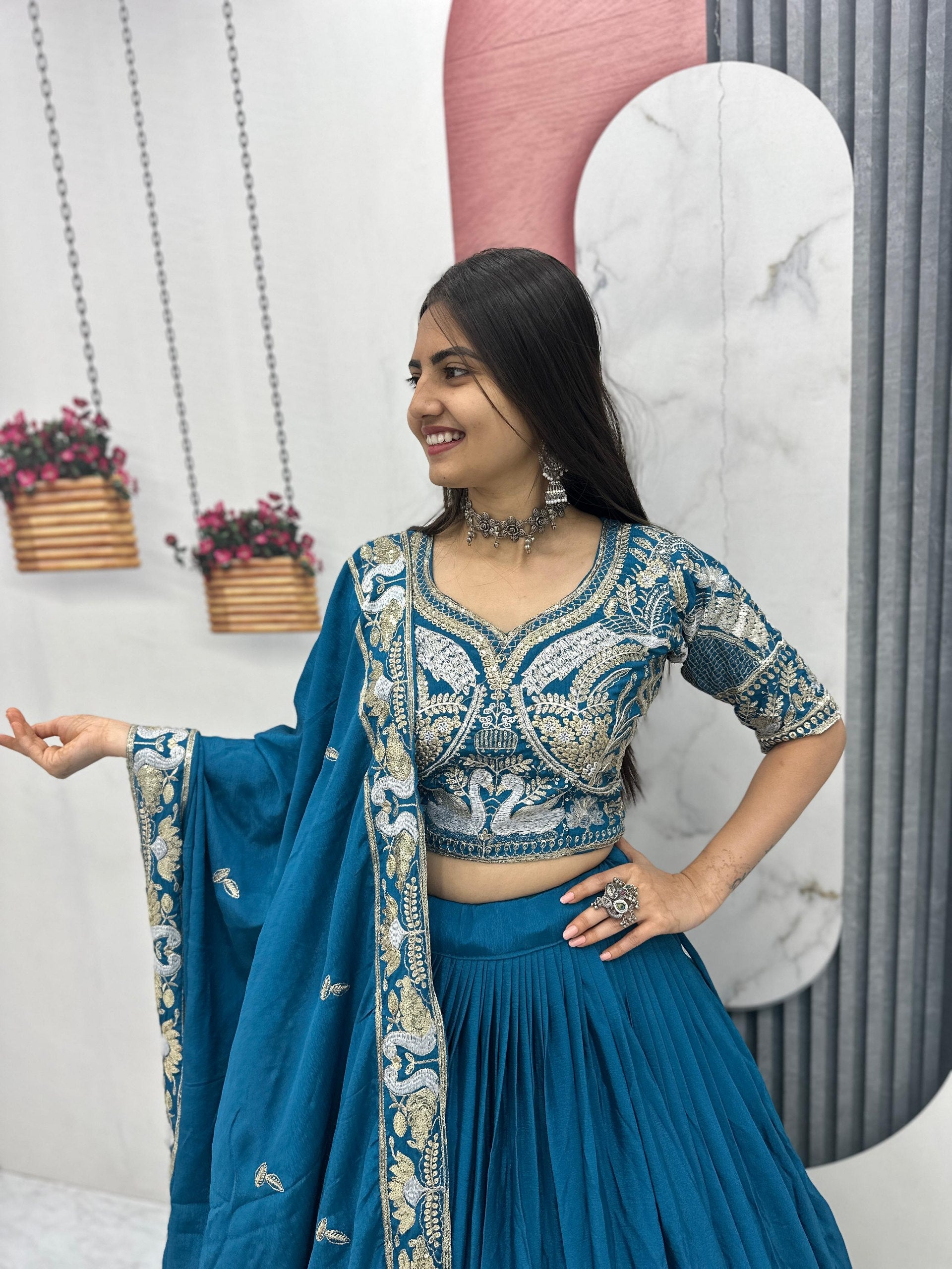 Manasa teal blue chinon embroidery thread sequins work lehenga choli set