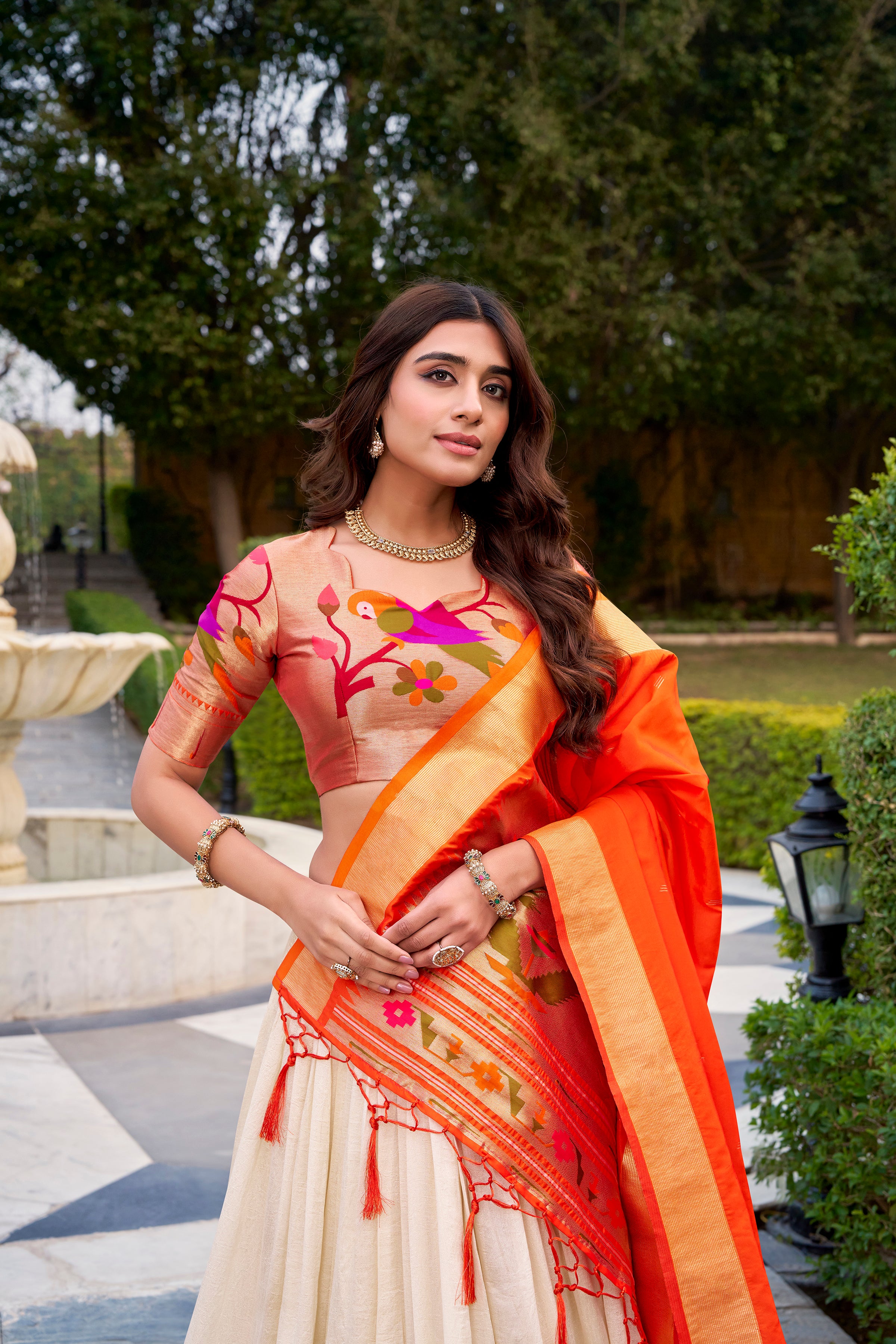 Off white vichitra silk Paithani lehenga choli with zari weaving work