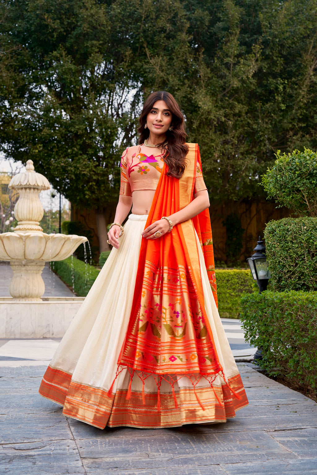 Off white vichitra silk Paithani lehenga choli with zari weaving work