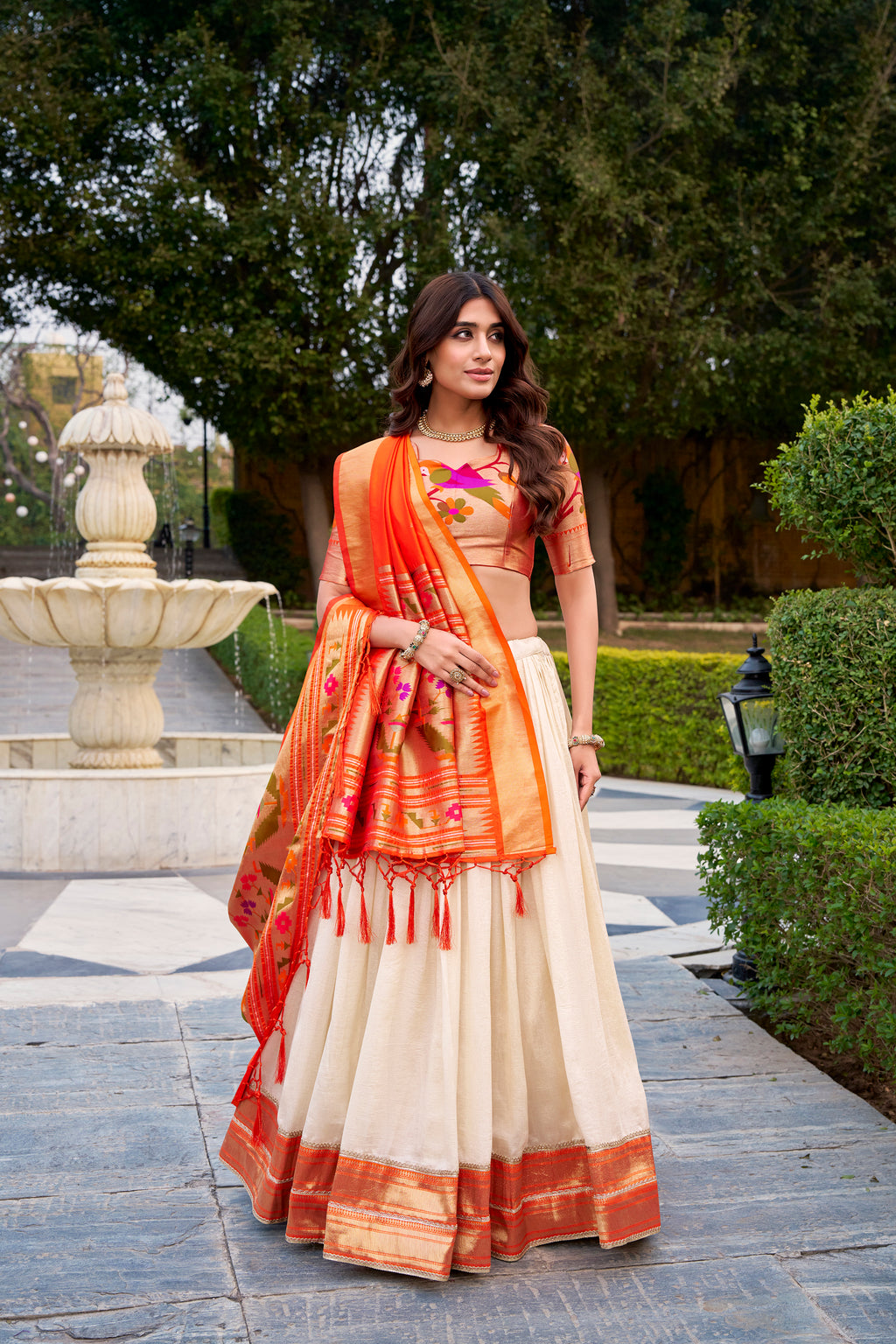 Off white vichitra silk Paithani lehenga choli with zari weaving work