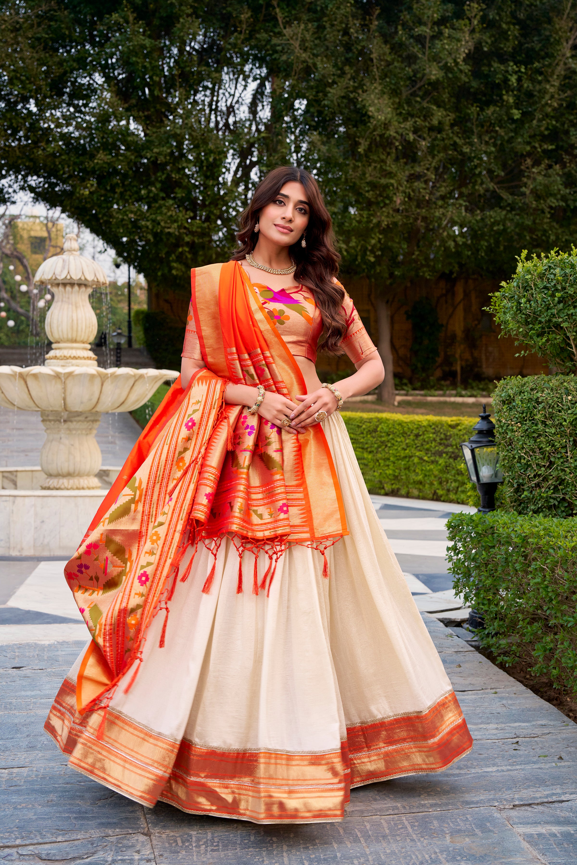 Off white vichitra silk Paithani lehenga choli with zari weaving work
