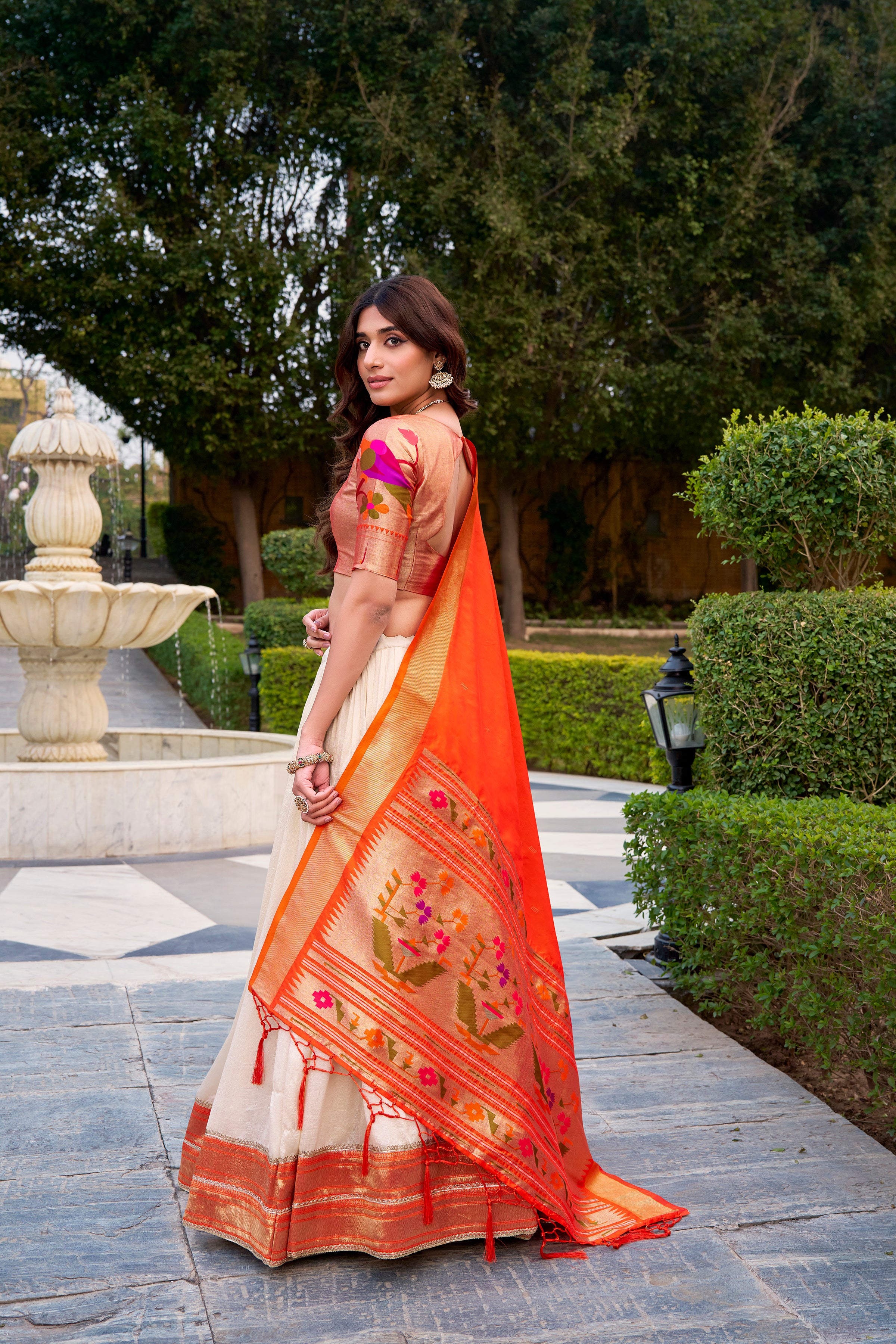 Off white vichitra silk Paithani lehenga choli with zari weaving work
