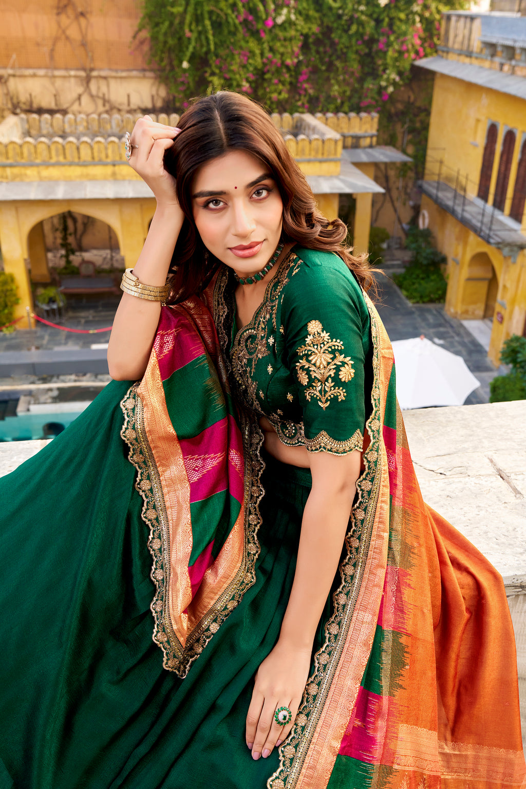 Mandodari green Vichitra silk lehenga choli with embroidery work