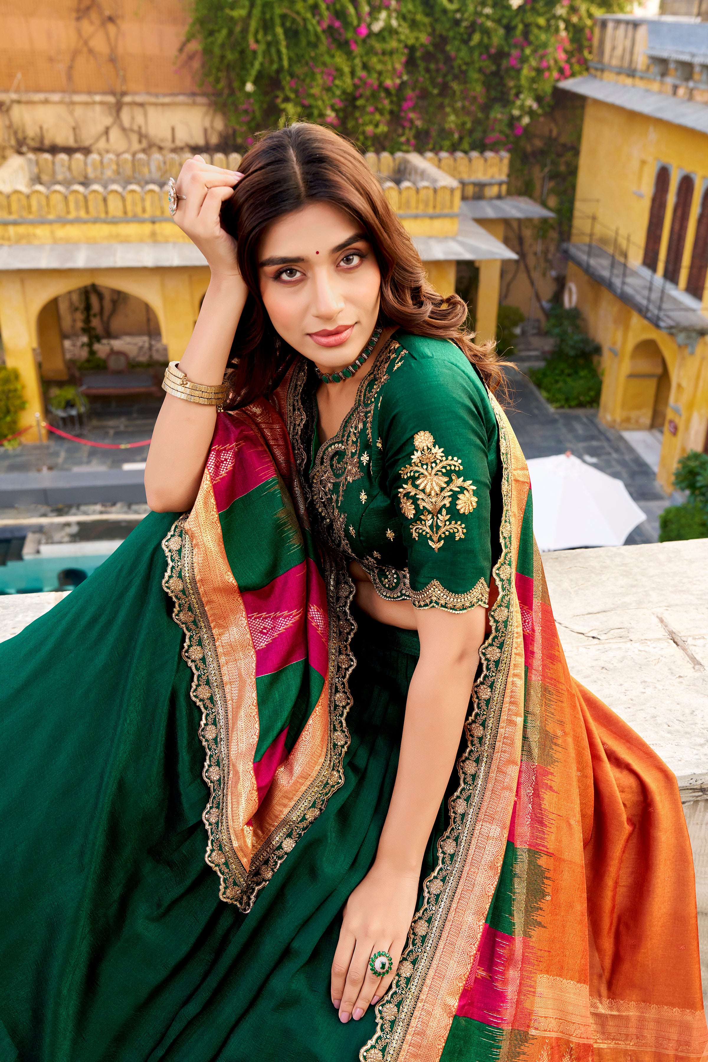 Mandodari green Vichitra silk lehenga choli with embroidery work