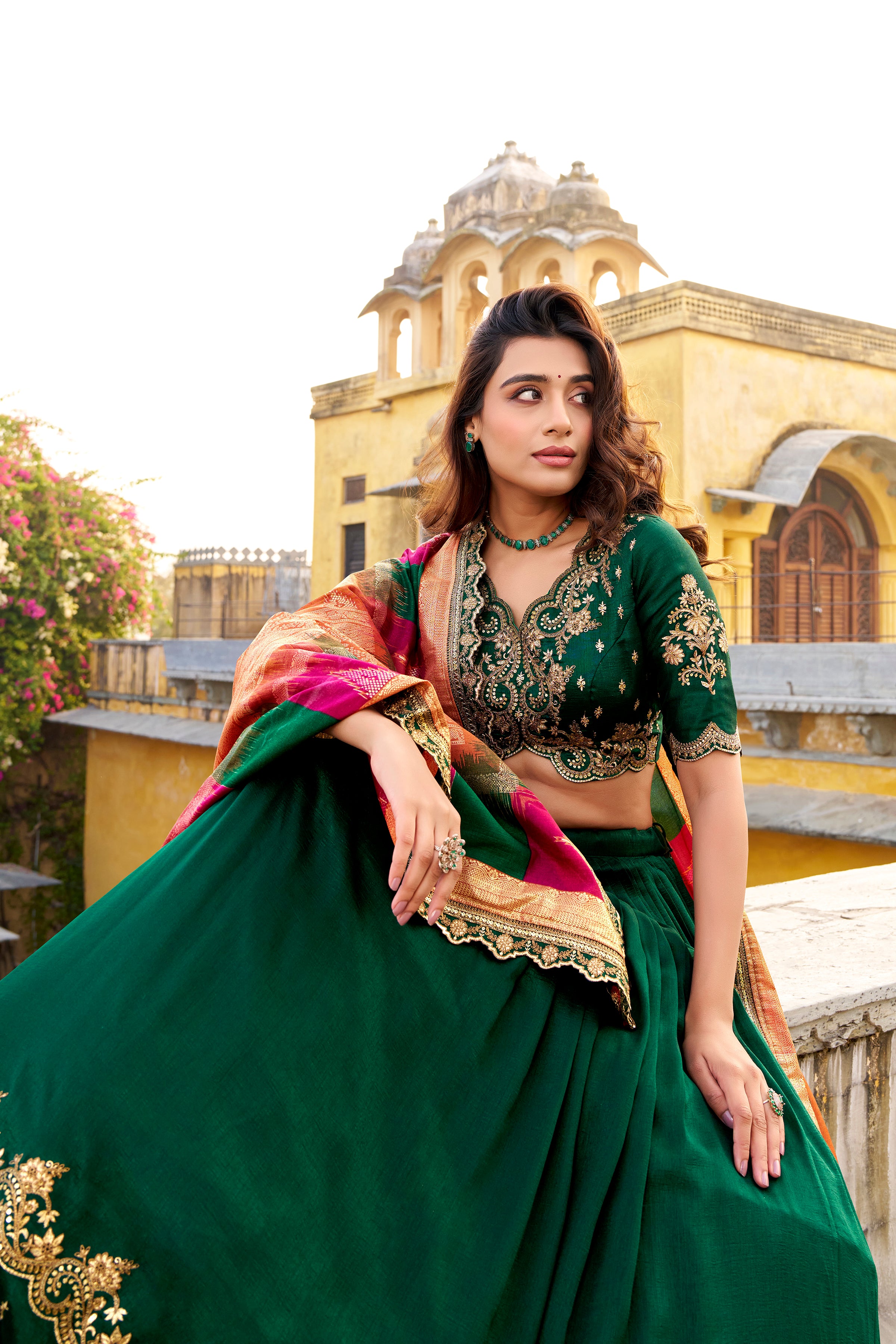Mandodari green Vichitra silk lehenga choli with embroidery work