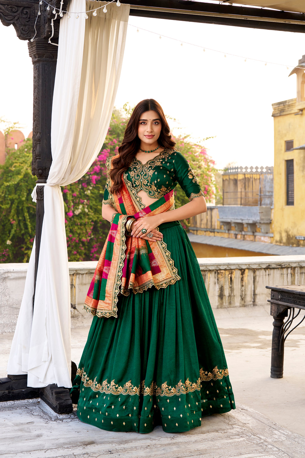 Mandodari green Vichitra silk lehenga choli with embroidery work