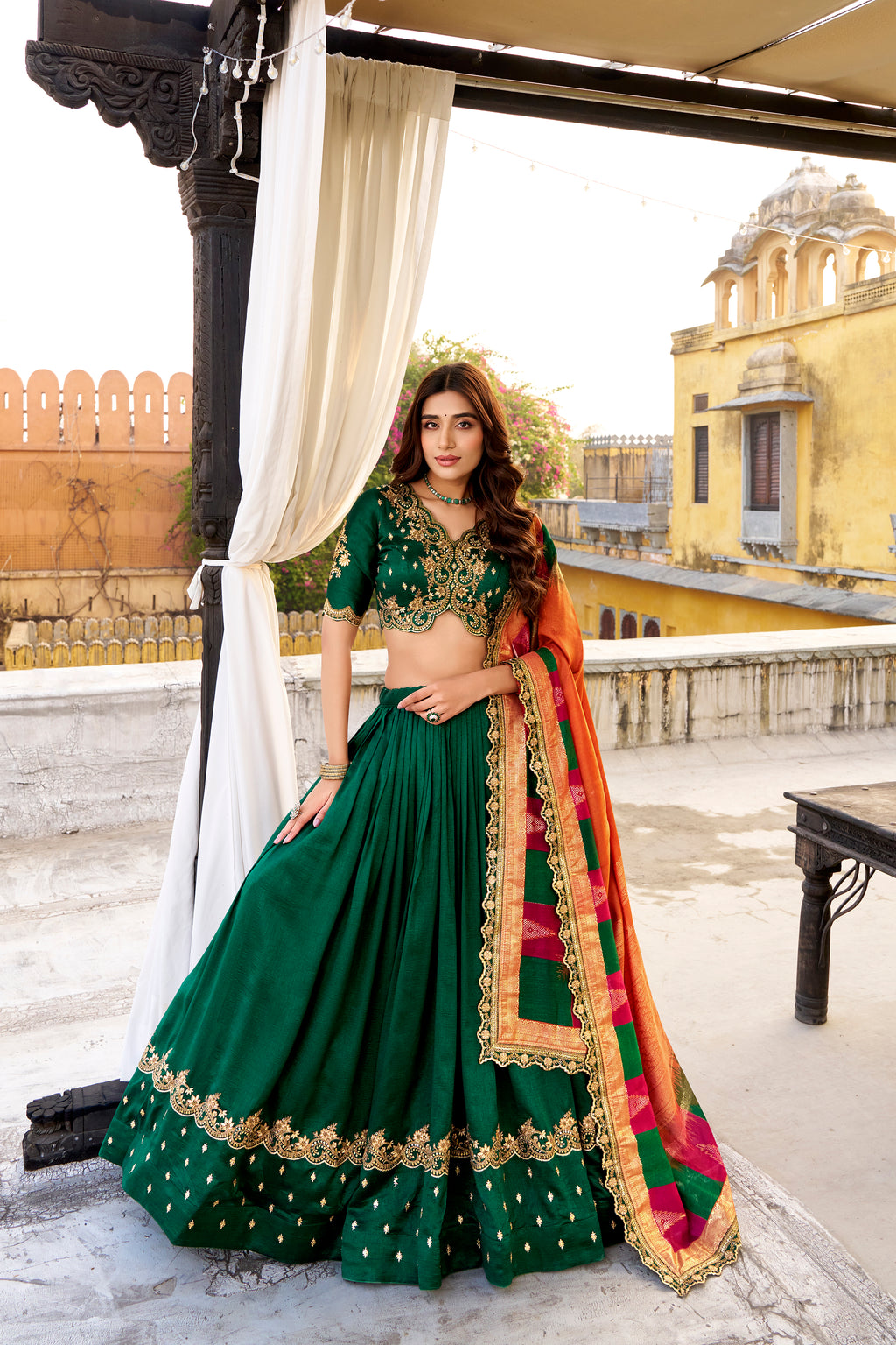 Mandodari green Vichitra silk lehenga choli with embroidery work