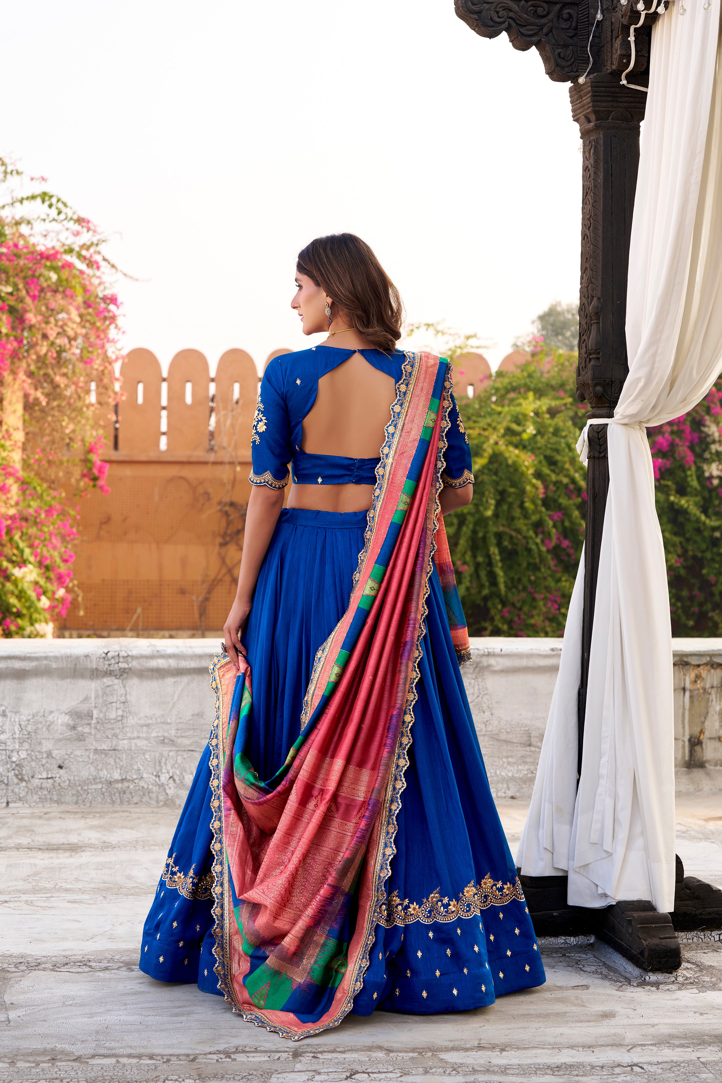 Mandodari royal blue Vichitra silk lehenga choli with embroidery work