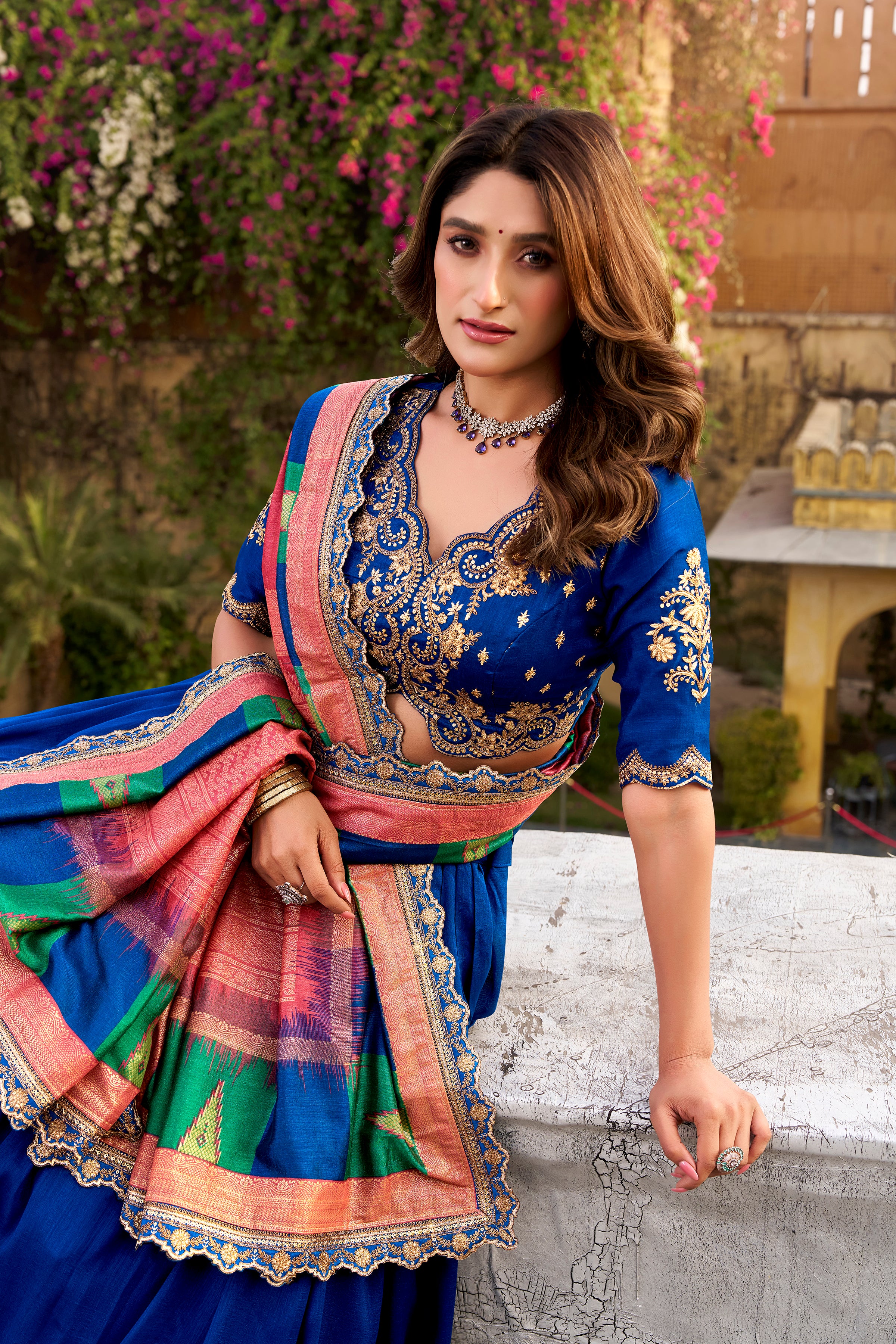 Mandodari royal blue Vichitra silk lehenga choli with embroidery work