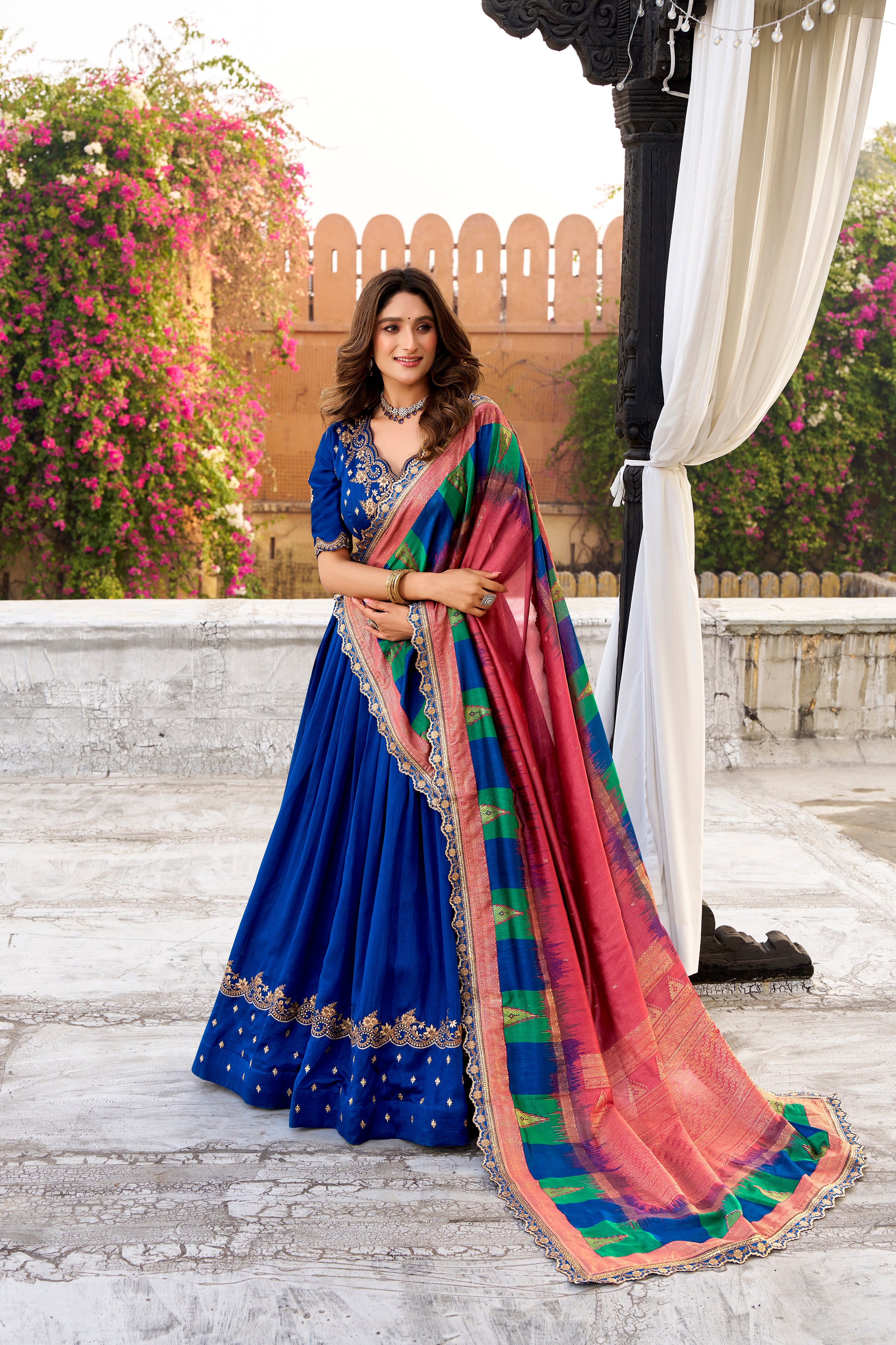 Mandodari royal blue Vichitra silk lehenga choli with embroidery work