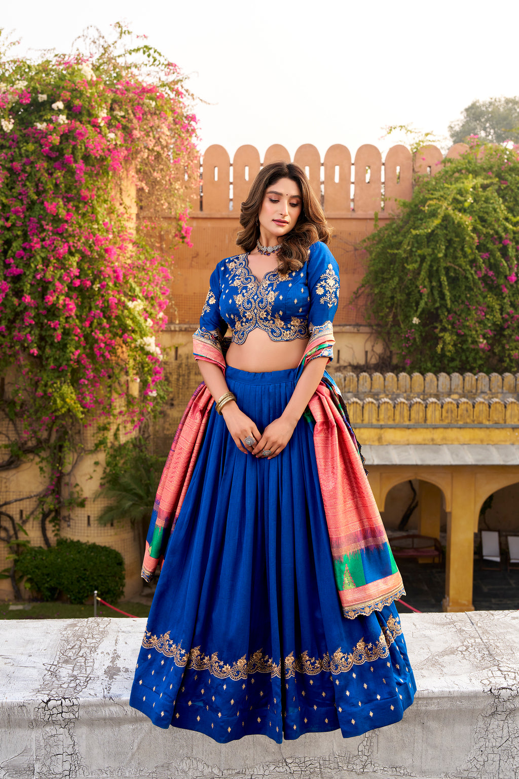 Mandodari royal blue Vichitra silk lehenga choli with embroidery work