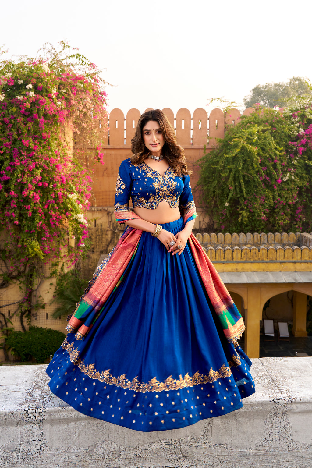 Mandodari royal blue Vichitra silk lehenga choli with embroidery work