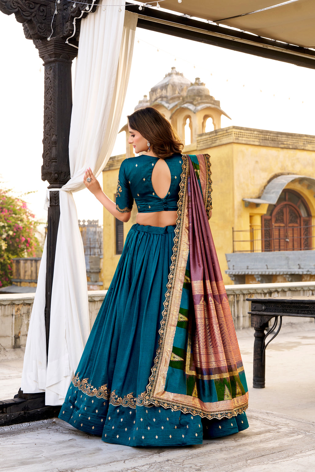 Mandodari teal Vichitra silk lehenga choli with embroidery work