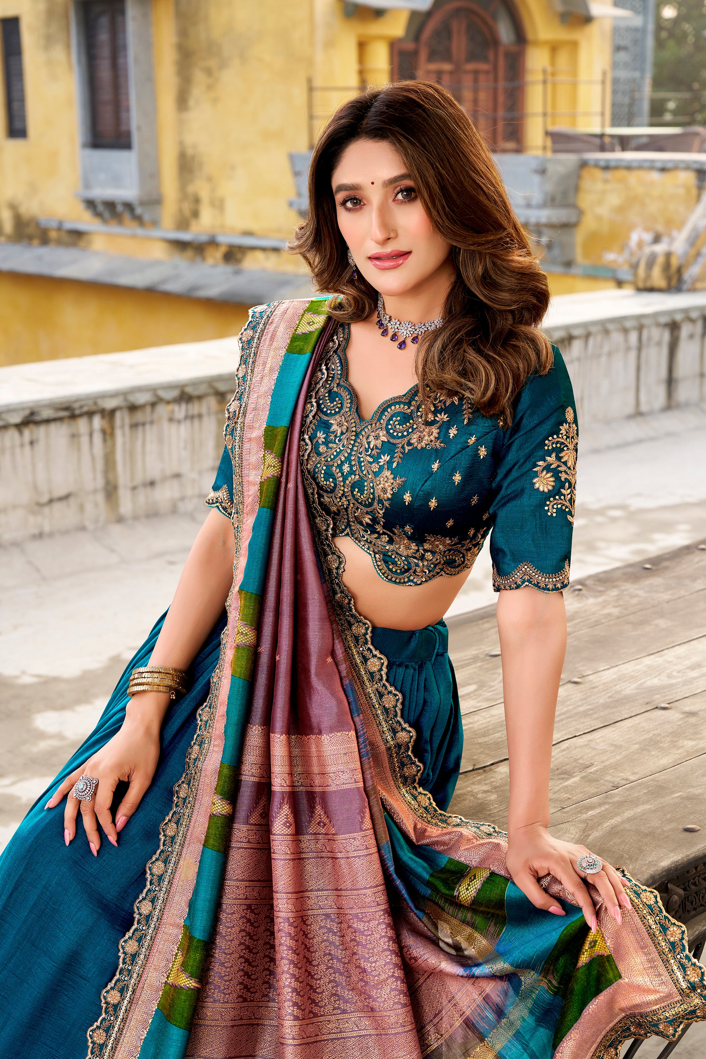 Mandodari teal Vichitra silk lehenga choli with embroidery work