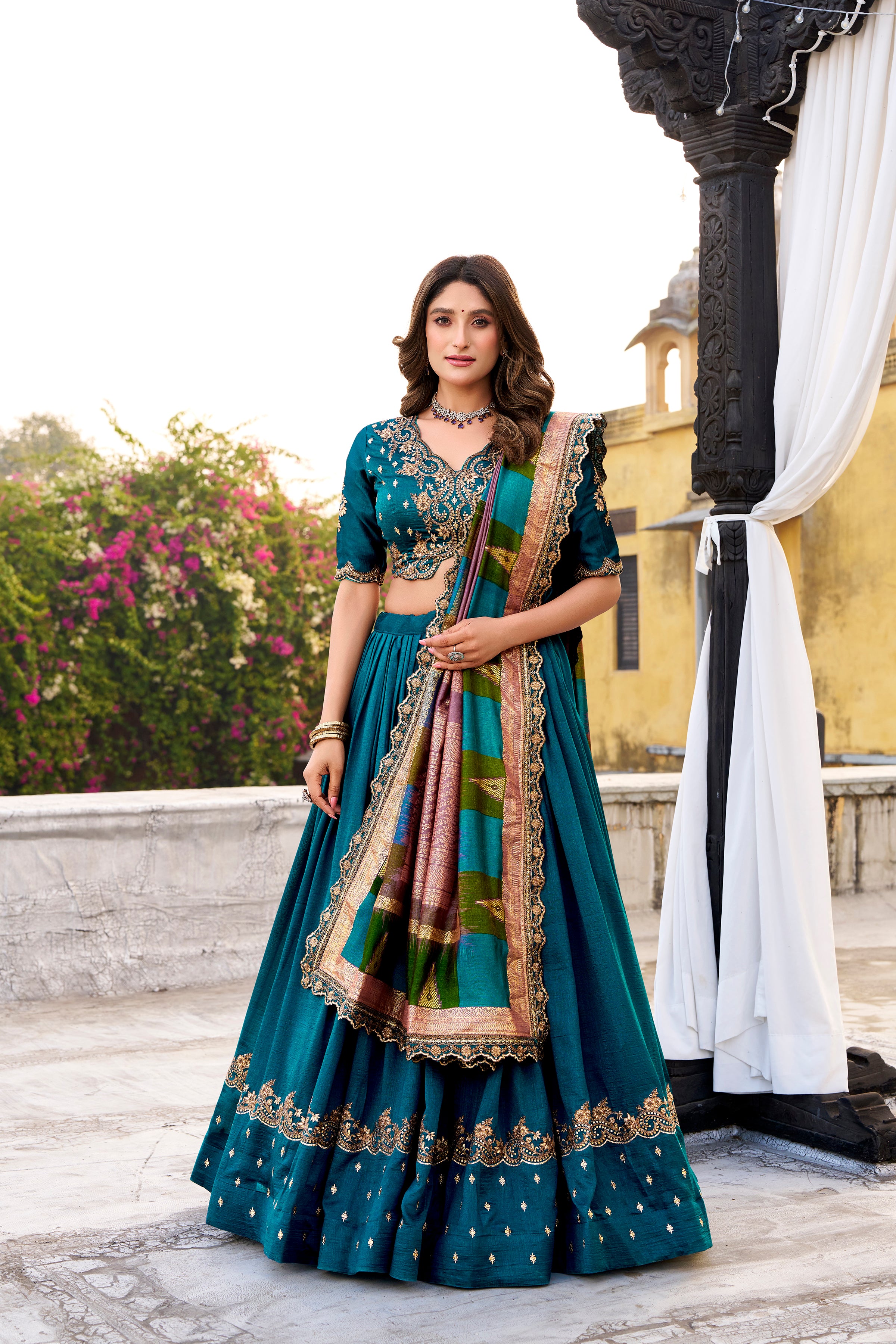 Mandodari teal Vichitra silk lehenga choli with embroidery work