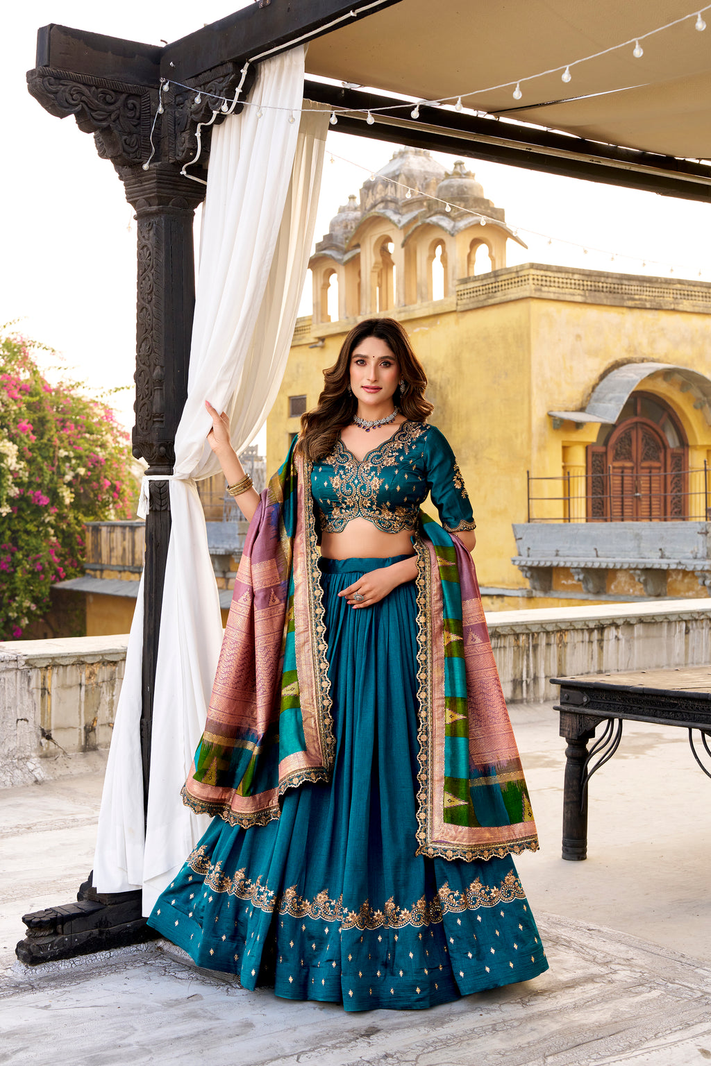 Mandodari teal Vichitra silk lehenga choli with embroidery work
