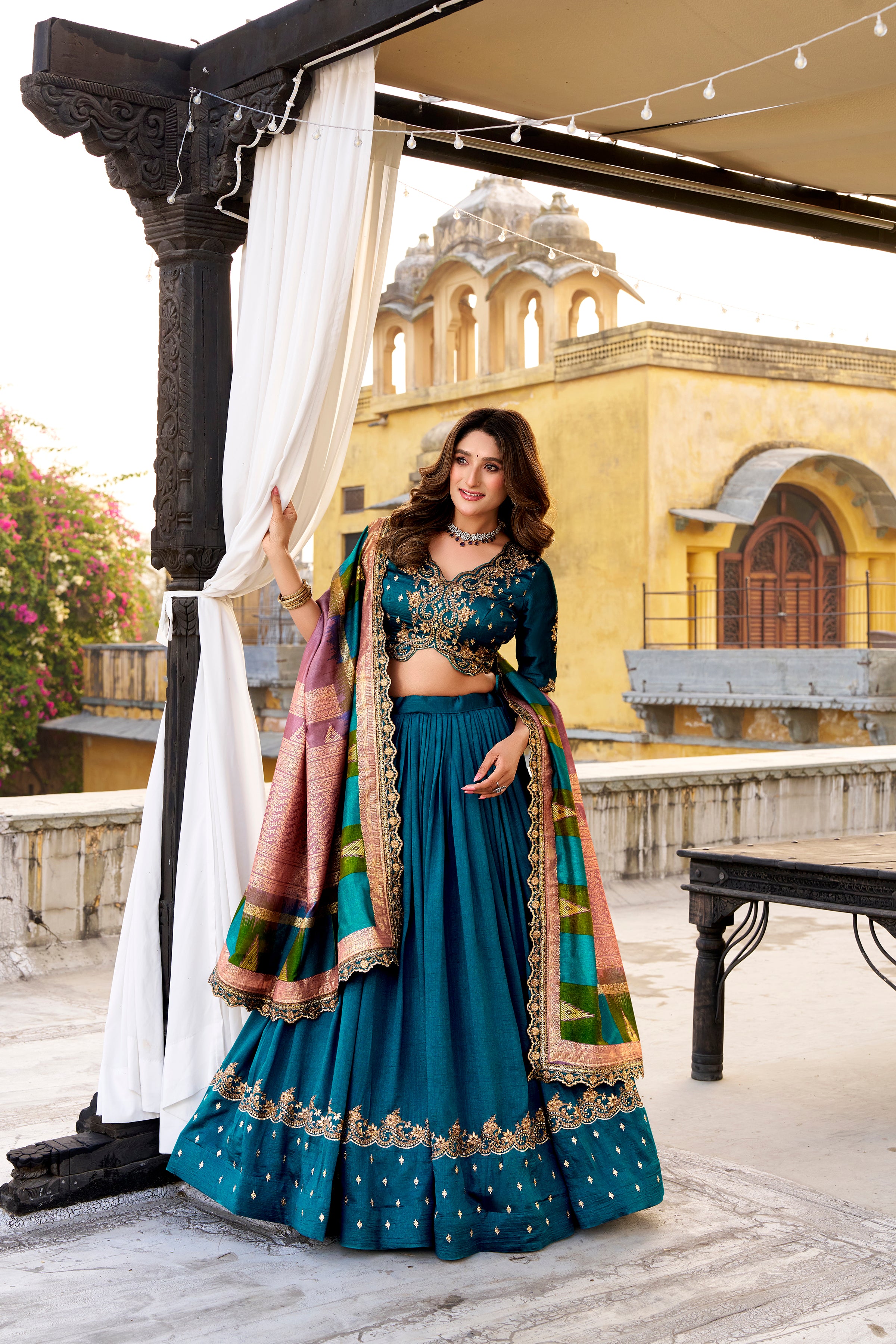 Mandodari teal Vichitra silk lehenga choli with embroidery work