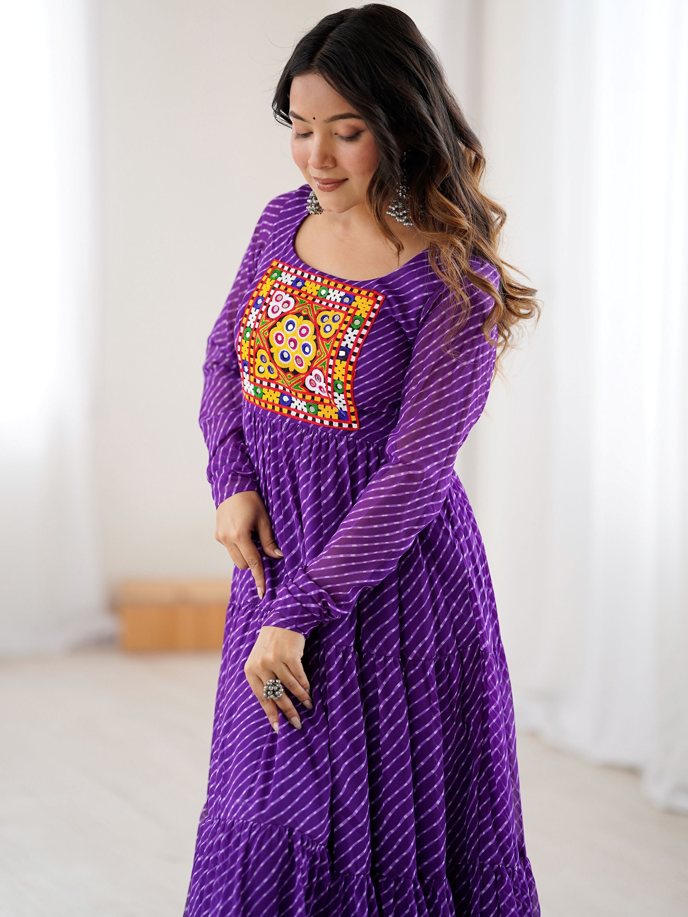 Manvitha Purple Georgette Leheriya Printed Navratri Gown