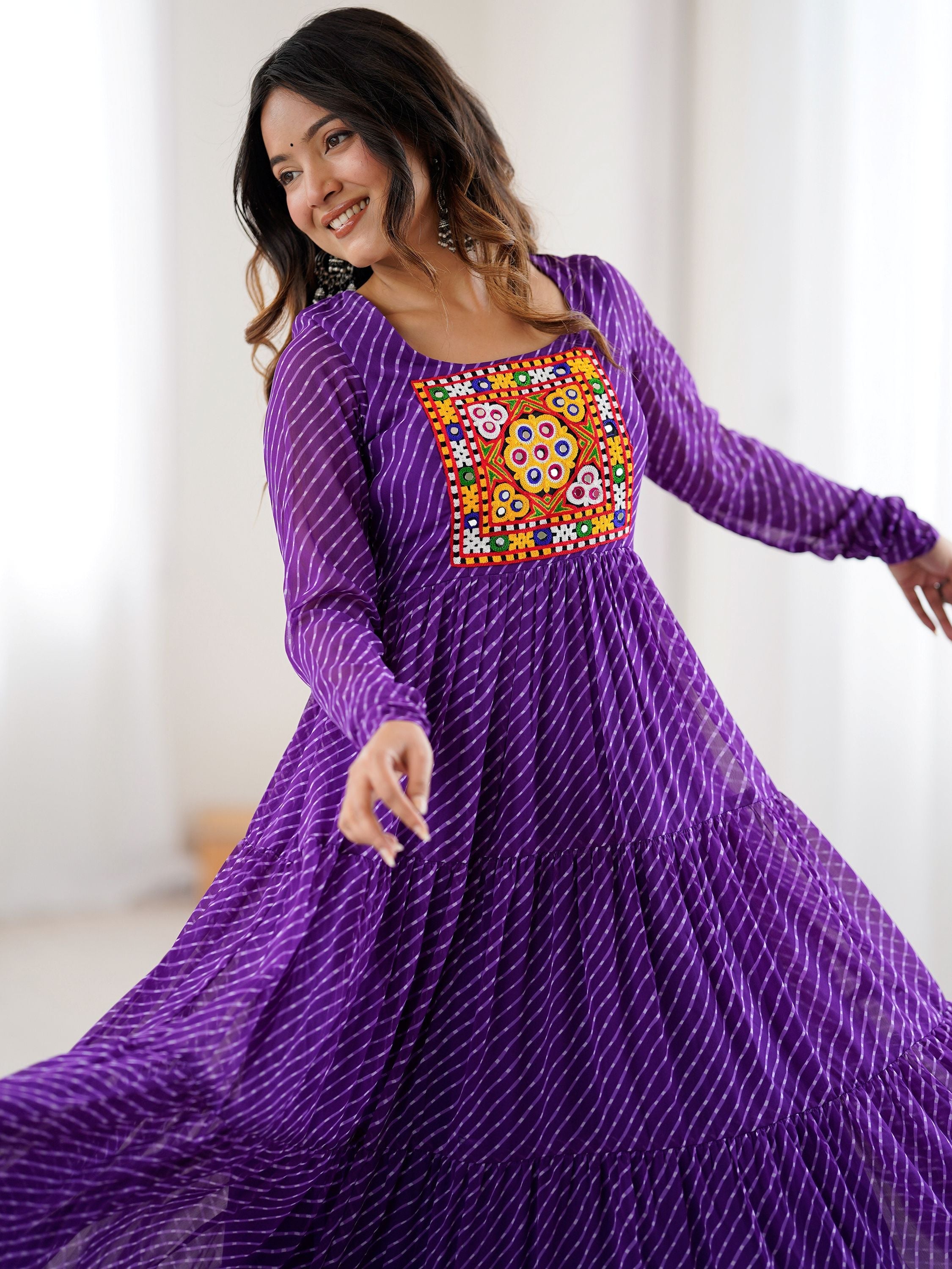 Manvitha Purple Georgette Leheriya Printed Navratri Gown